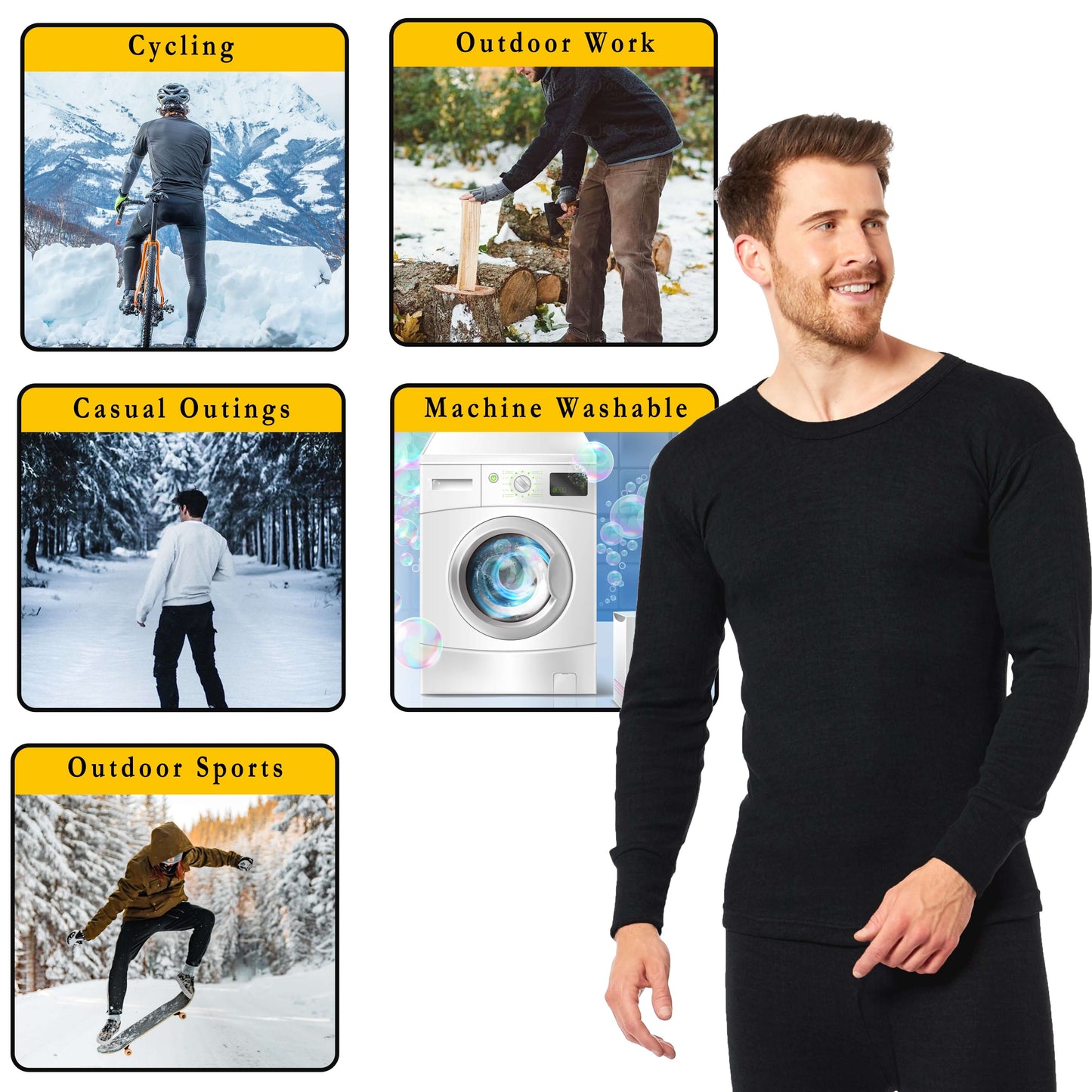 2 Pack Men's Plus Size Thermal Underwear Long Sleeve Tops Warm Durable Baselayer Insulated Brushed Yarn for Running Hiking Outdoor Sports Workwear Black 3XL to 6XL by Heatwave Thermalwear Thermal Underwear