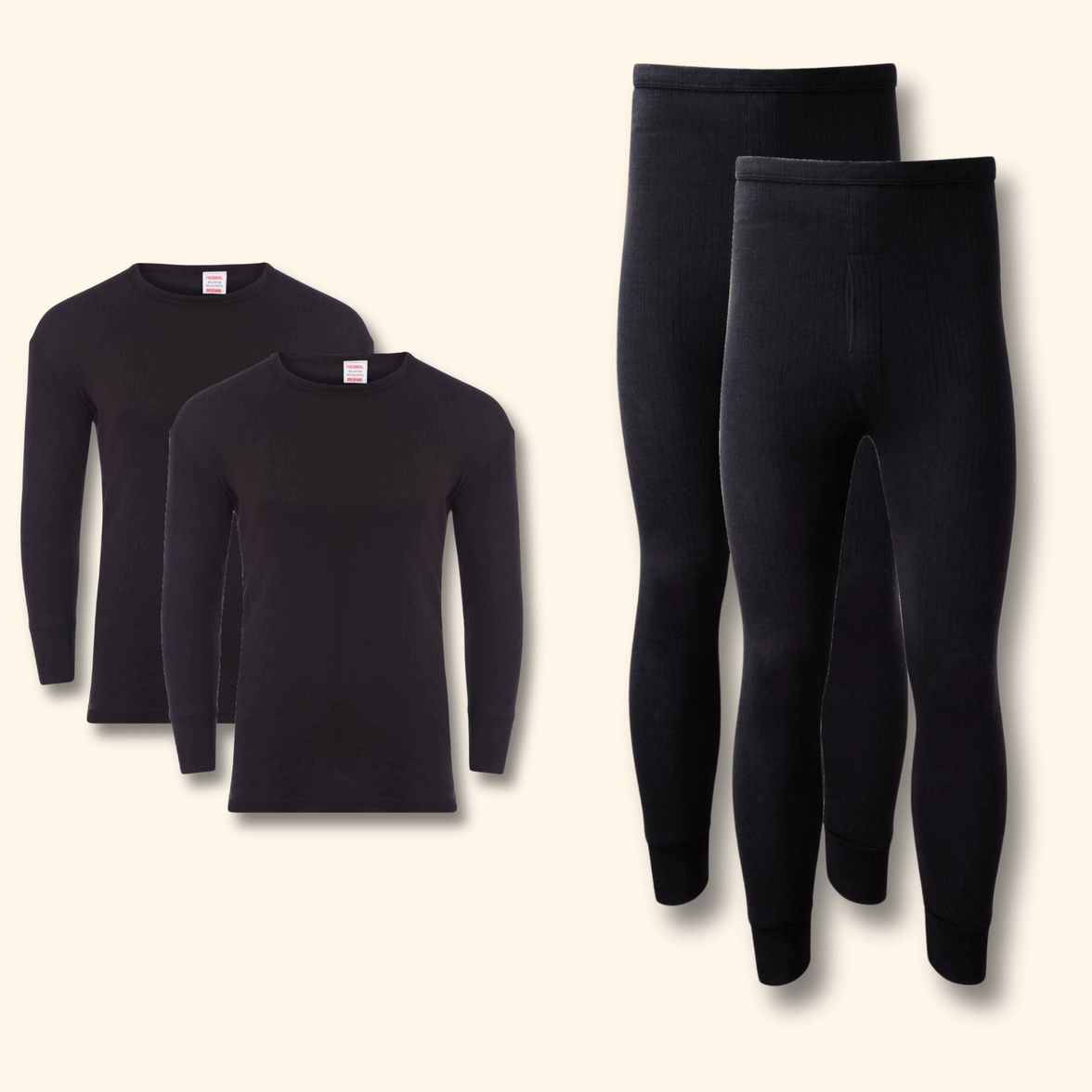 2 Pack Men's Thermal Underwear Set Long Sleeve Tops and Long John Bottoms Warm Baselayer Insulated Brushed Yarn for Running Hiking and Workwear Insulating Yarn Small to XXL White Black Grey Navy by Heatwave Thermalwear BLACK / S Thermal Underwear