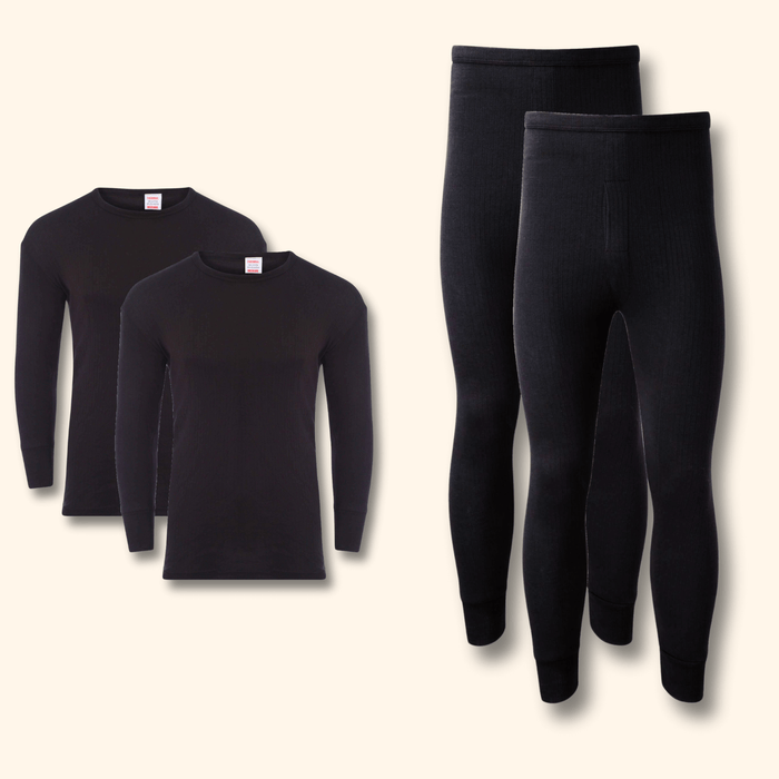 2 Pack Men's Thermal Underwear Set Long Sleeve Tops and Long John Bottoms Warm Baselayer Insulated Brushed Yarn for Running Hiking and Workwear Insulating Yarn Small to XXL White Black Grey Navy by Heatwave Thermalwear BLACK / S Thermal Underwear