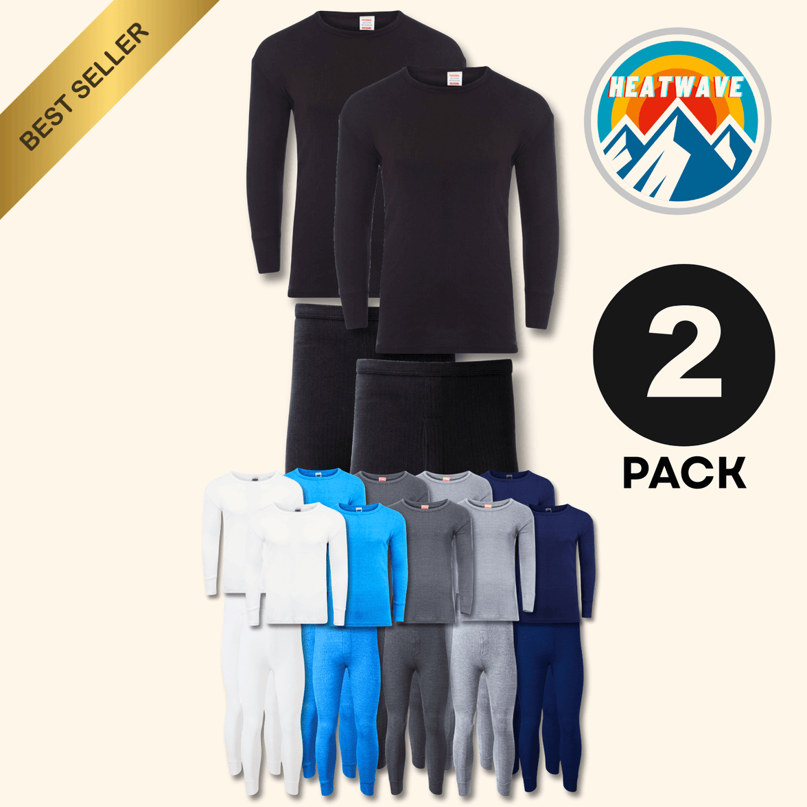 2 Pack Men's Thermal Underwear Set Long Sleeve Tops and Long John Bottoms Warm Baselayer Insulated Brushed Yarn for Running Hiking and Workwear Insulating Yarn Small to XXL White Black Grey Navy by Heatwave Thermalwear Thermal Underwear