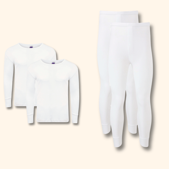 2 Pack Men's Thermal Underwear Set Long Sleeve Tops and Long John Bottoms Warm Baselayer Insulated Brushed Yarn for Running Hiking and Workwear Insulating Yarn Small to XXL White Black Grey Navy by Heatwave Thermalwear WHITE / S Thermal Underwear