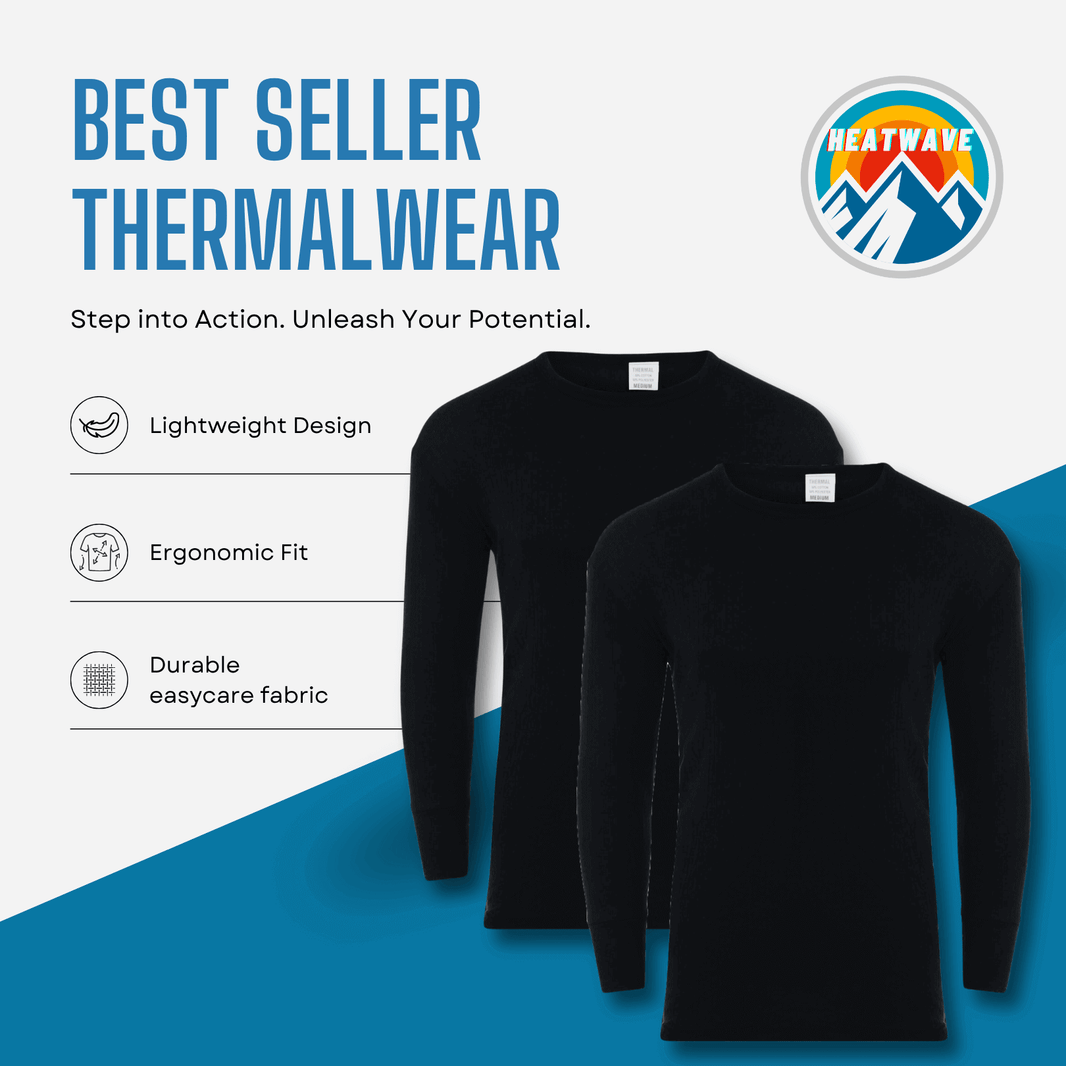 2 Pack Men's Thermal Underwear T Shirt Tops Warm Durable Baselayer Insulated Brushed Yarn for Running Hiking Outdoor Sports Workwear Small to XXL White Black Grey Navy by Heatwave Thermalwear Thermal Underwear