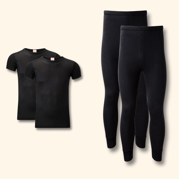 2 Pack Mens Thermal Underwear Set T Shirt Tops and Long John Bottoms Warm Baselayer Insulated Brushed Yarn for Winter Outdoor Sports in Small to XXL White Black Grey Navy by Heatwave Thermalwear BLACK / S Thermal Underwear