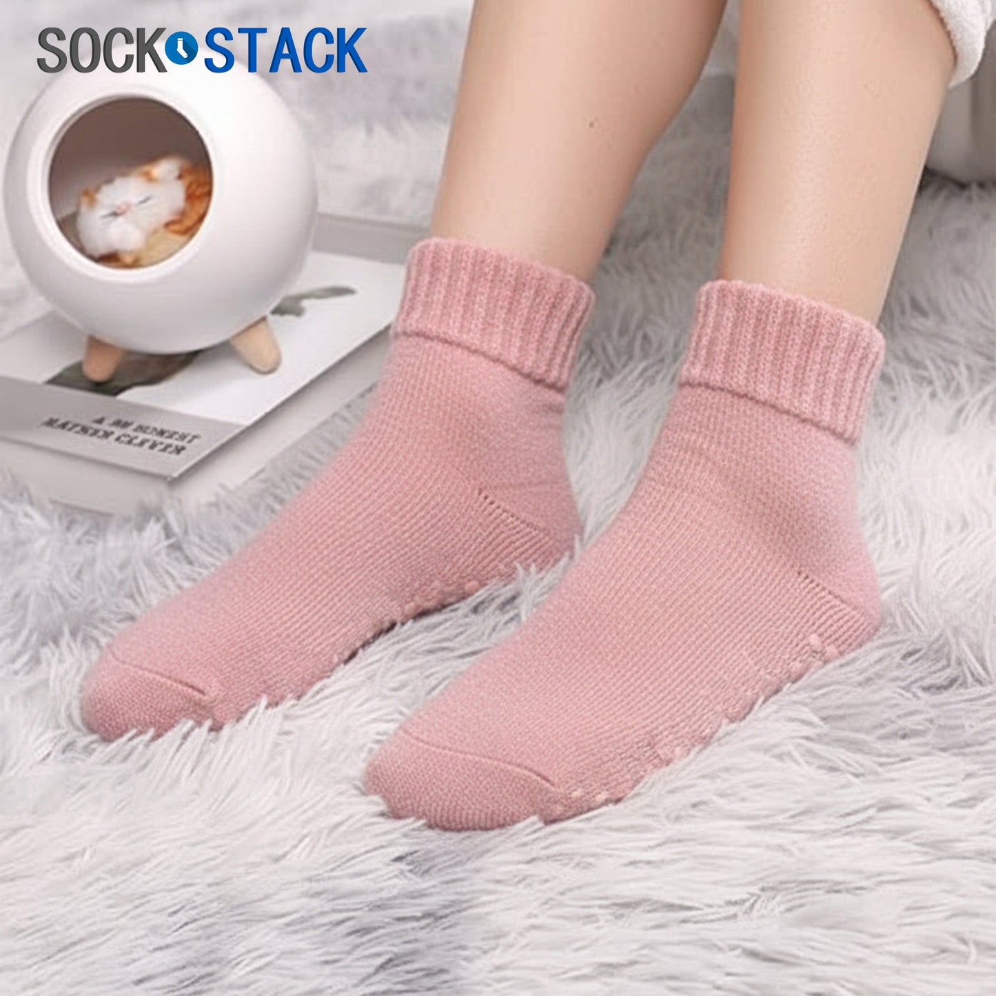 2 Pack Women’s Merino Wool Slipper Socks Non Slip Sole Warm Rich Bed Wear Cosy Winter Lounge Sock Ladies UK 4-7 by Sock Stack Purple/Pink Socks
