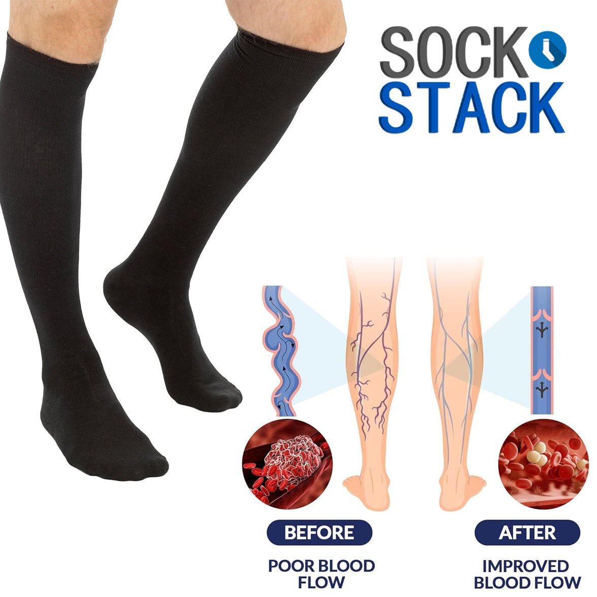 2 Pairs Unisex Travel Socks Black Long Knee High Breathable Flight Socks by Sock Stack Socks