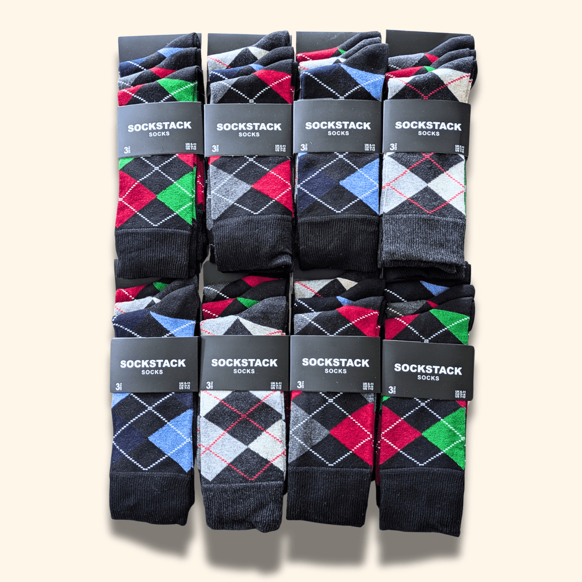 24 Pairs Men's Soft Cotton Colourful Heel Toe Black Argyle Diamond Easycare Comfortable Shoe Socks Flat Toe Seam Durable Work School Business Wear UK 6-11 by Sock Stack ARGYLE DIAMOND Socks