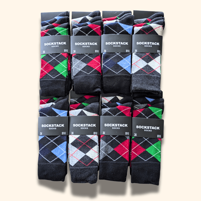 24 Pairs Men's Soft Cotton Colourful Heel Toe Black Argyle Diamond Easycare Comfortable Shoe Socks Flat Toe Seam Durable Work School Business Wear UK 6-11 by Sock Stack ARGYLE DIAMOND Socks