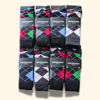 24 Pairs Men's Soft Cotton Colourful Heel Toe Black Argyle Diamond Easycare Comfortable Shoe Socks Flat Toe Seam Durable Work School Business Wear UK 6-11 by Sock Stack ARGYLE DIAMOND Socks