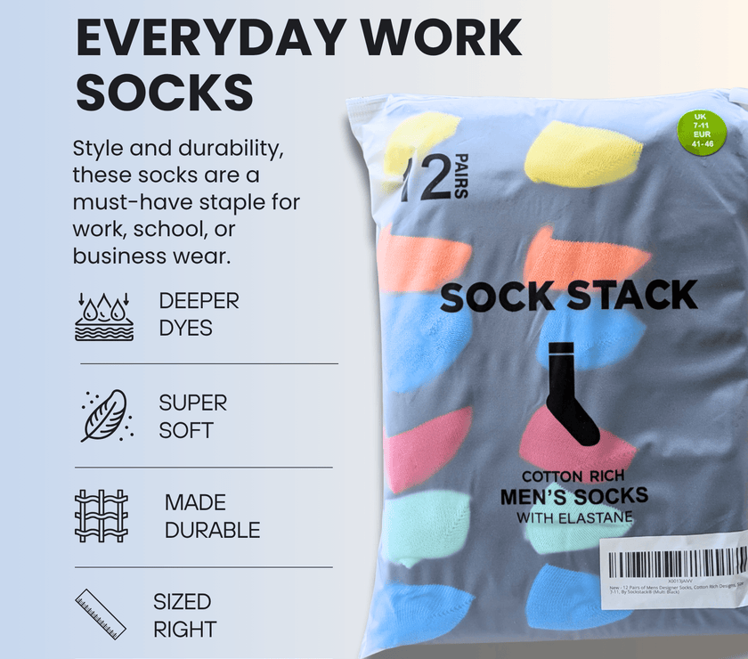 Sock Stack 24 Pairs Men's Cotton Colourful Heel Toe Black Argyle ...