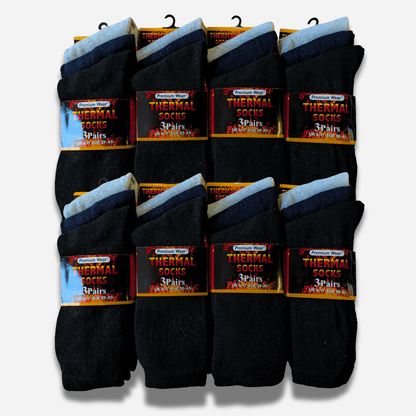 24 Pairs Mens Black Thermal Socks Warm Work Boot Socks Superior Insulation Cold Weather Double Brushed Advanced Knitting Technology Extra Warmth by Heatwave Thermalwear BLACK/NAVY/GREY Socks