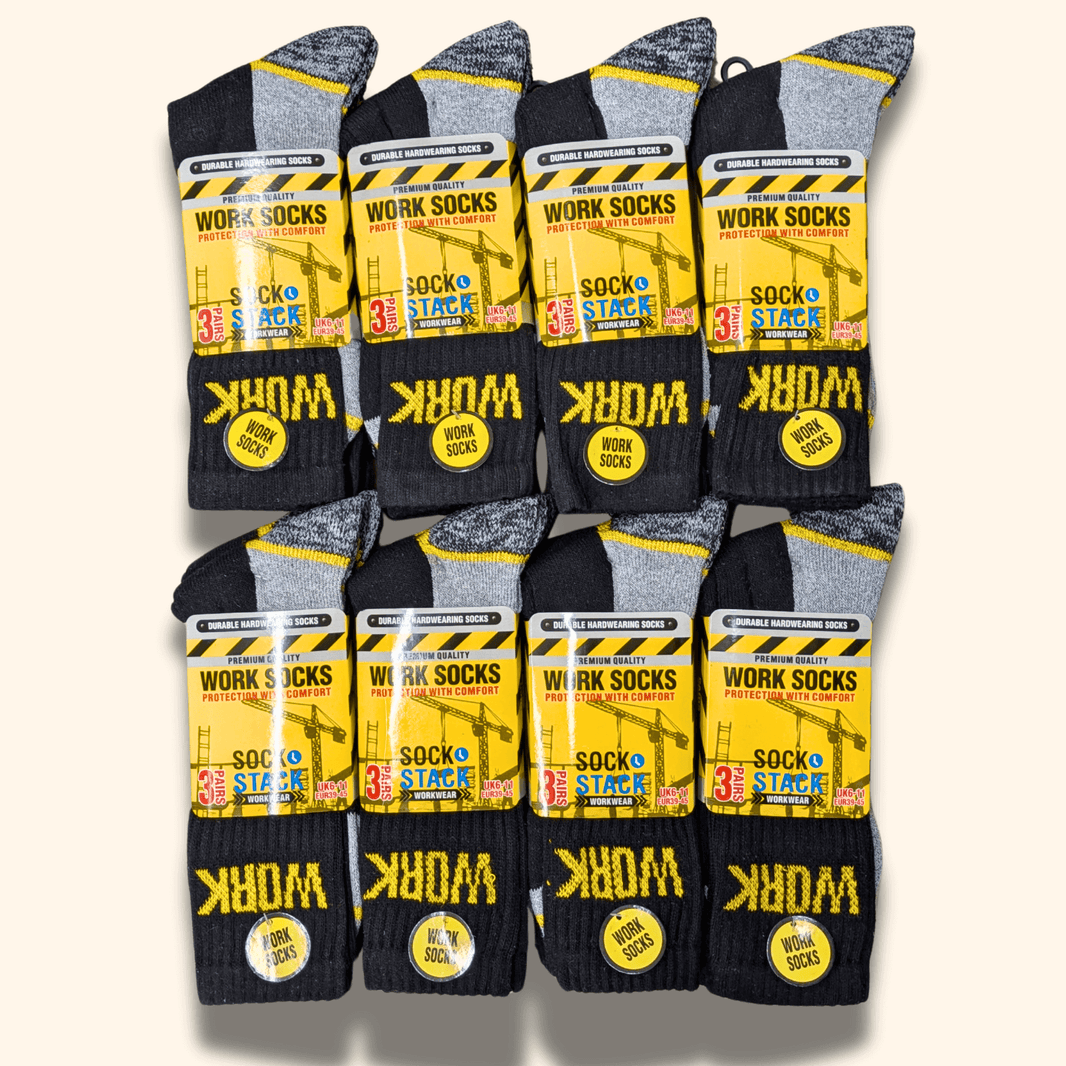 24 Pairs Mens Heavy Duty Work Socks Cushion Sole Reinforced Toe Heel Durable Black Boot Sock for Construction Outdoor Jobs Walking Sizes UK 6-11 EUR 39-45 by Sock Stack Socks
