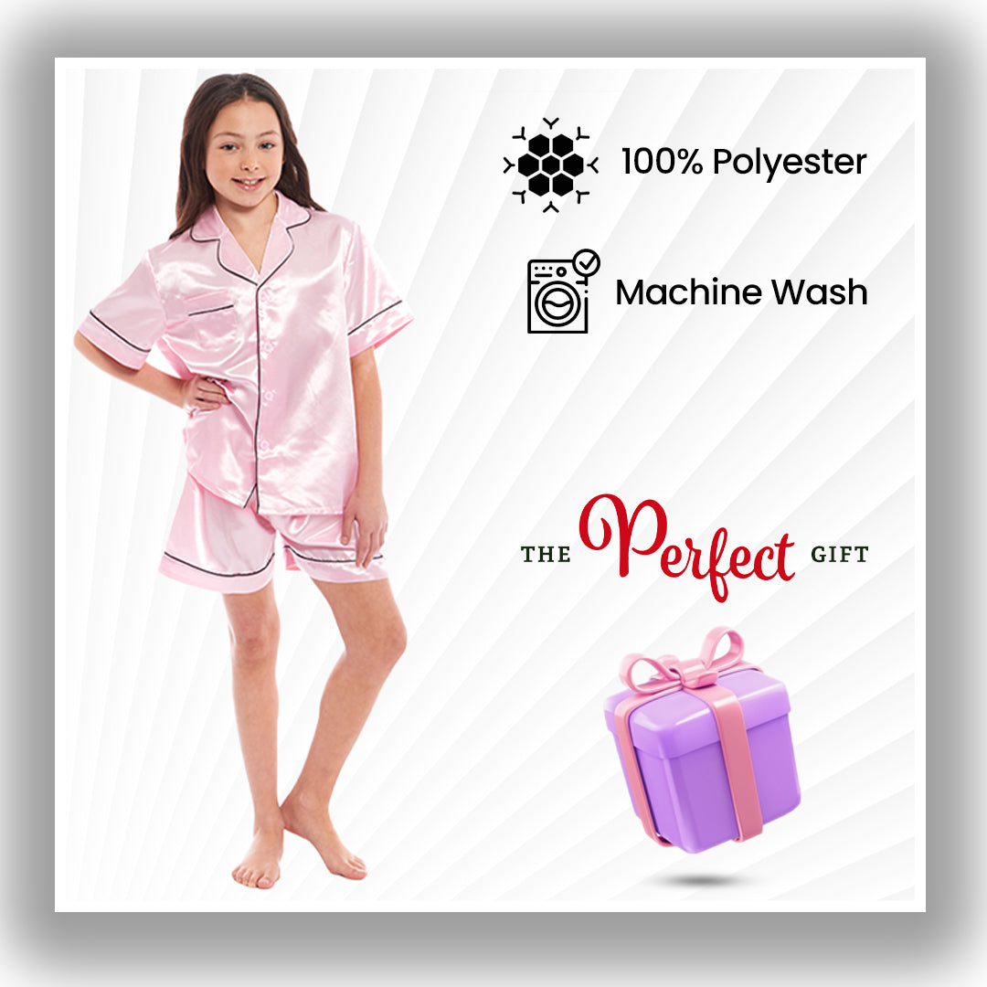 Kids Satin Silk Pyjama Set for Girls with Button-Down Shirt and Loose-Fitting Pants Comfortable Loungewear in Black Pink Grey Ages 5-14 by Daisy Dreamer. Buy now for £12.00.