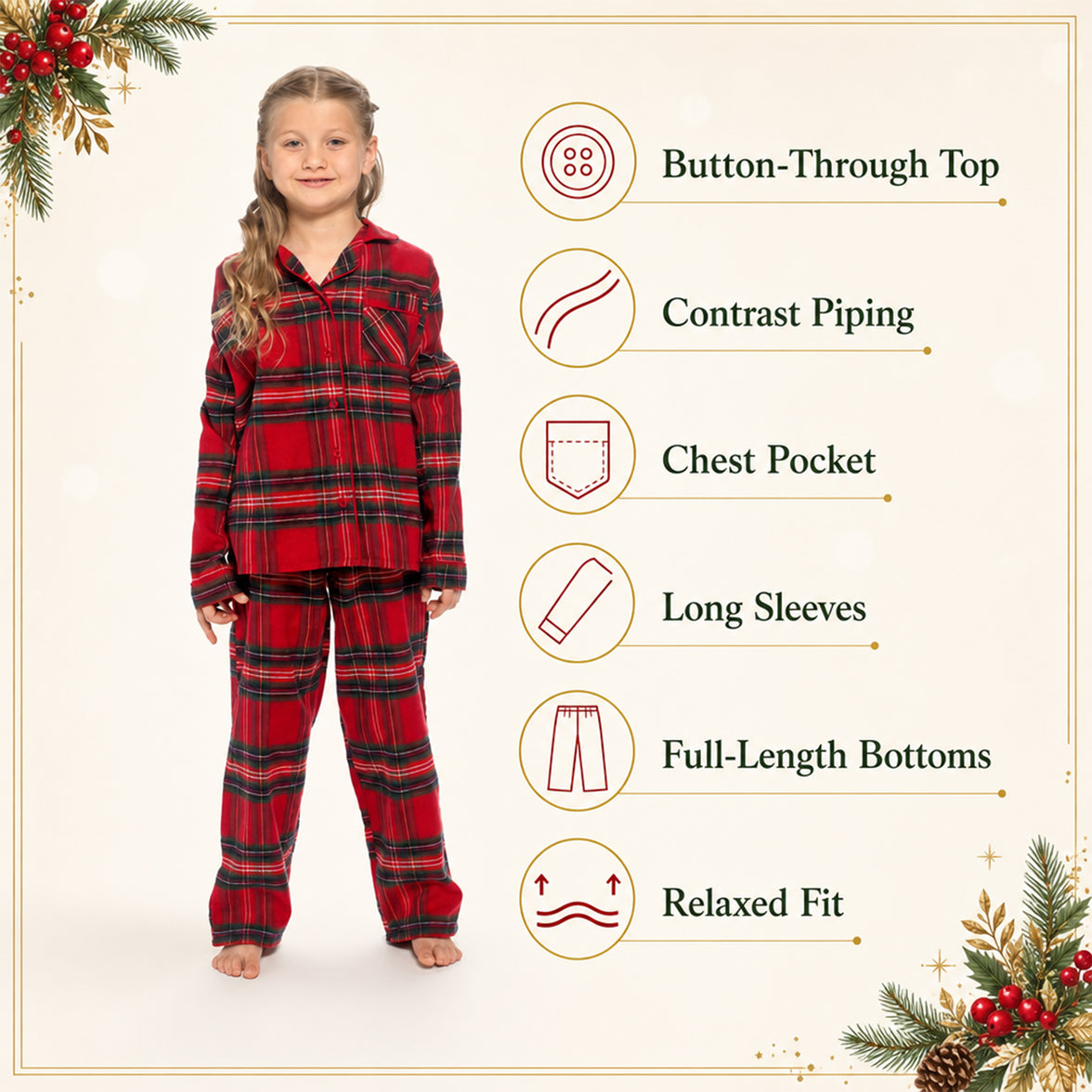 Girls Daisy Dreamer Wincey Check Pyjama Set by Sock Stack, long sleeve cotton-rich soft red and cream check PJs for ages 3-14.