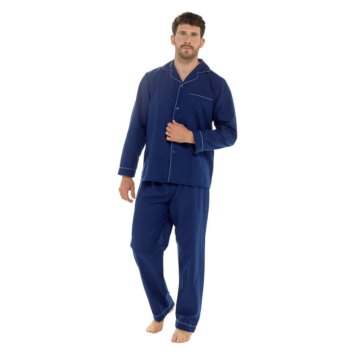 Men's Classic Navy Woven Pyjama Set  Long Sleeve Button Top & Bottoms Easy Care Nightwear Sleepwear by Sock Stack