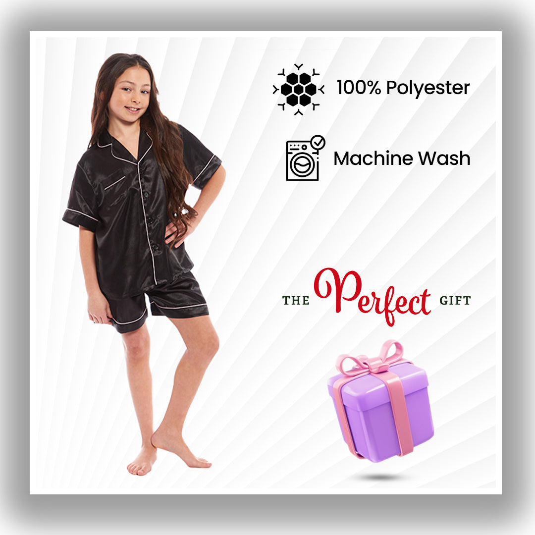 Kids Satin Silk Pyjama Set for Girls with Button-Down Shirt and Loose-Fitting Pants Comfortable Loungewear in Black Pink Grey Ages 5-14 by Daisy Dreamer. Buy now for £12.00.
