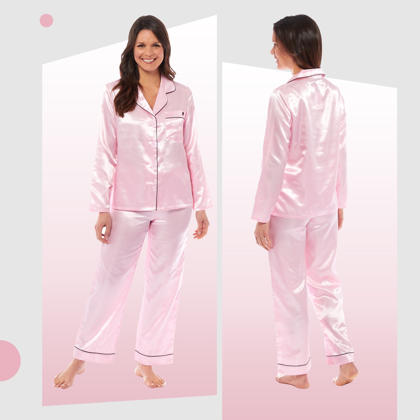 Luxurious Women's Satin Silk Long Sleeve Pyjama Set Cozy Loungewear Nightwear with Dress Shirt Collar and Loose-Fitting Pants in Black Pink Grey by Daisy Dreamer. Buy now for £13.00.