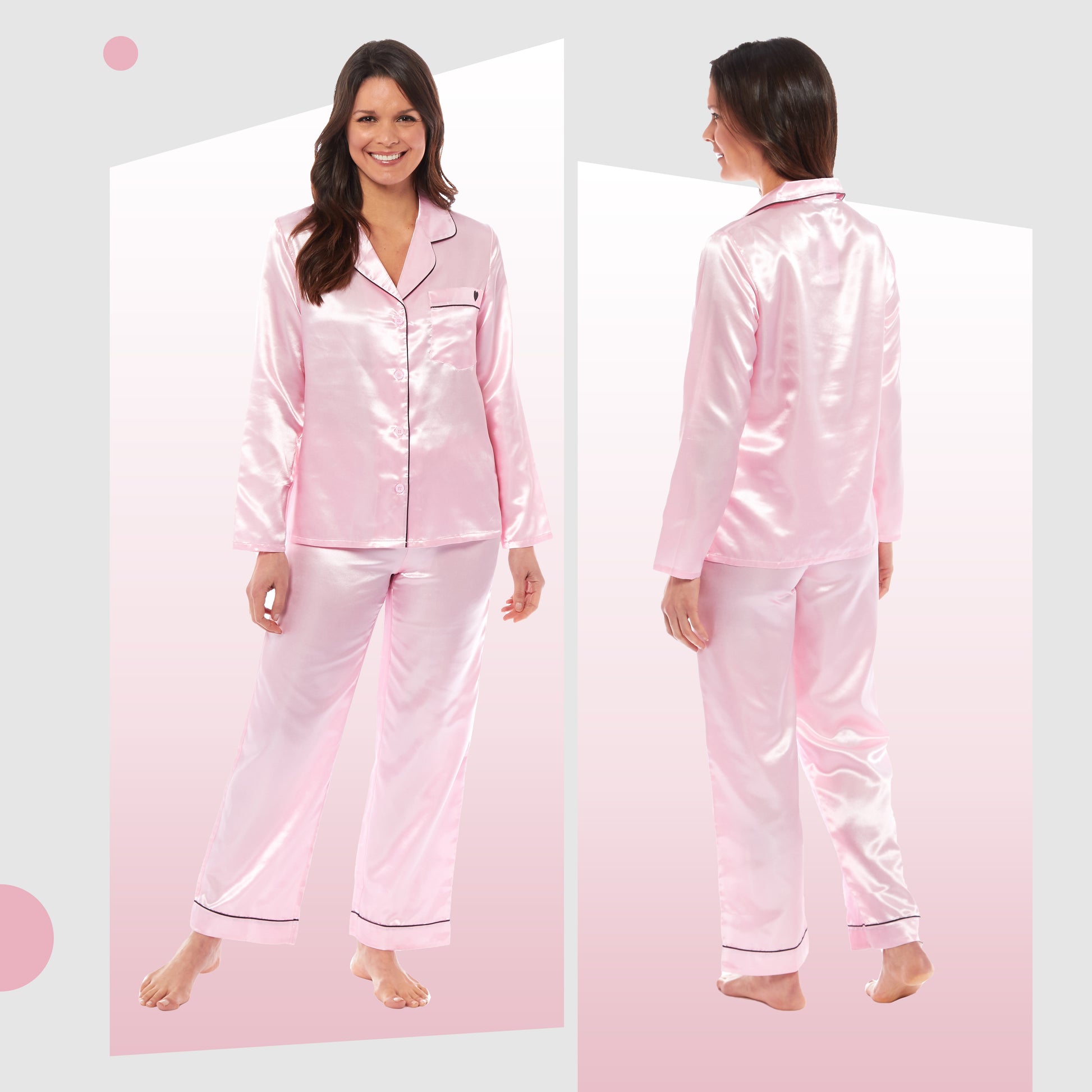 Luxurious Women's Satin Silk Long Sleeve Pyjama Set Cozy Loungewear Nightwear with Dress Shirt Collar and Loose-Fitting Pants in Black Pink Grey by Daisy Dreamer. Buy now for £13.00.
