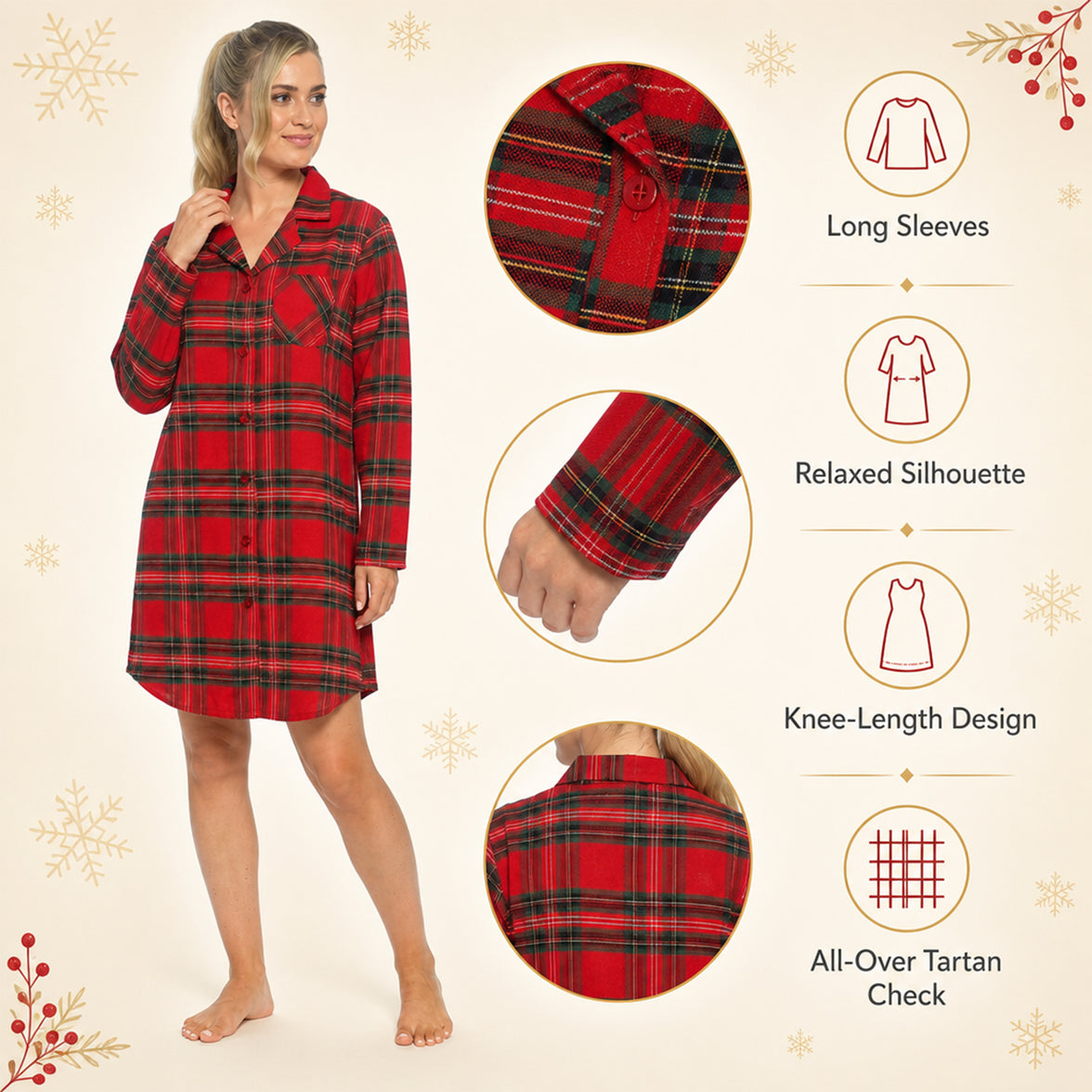 Daisy Dreamer women's cotton-rich wincey flannelette checked nightdress with long sleeves, button front in red and cream, size S-XL.