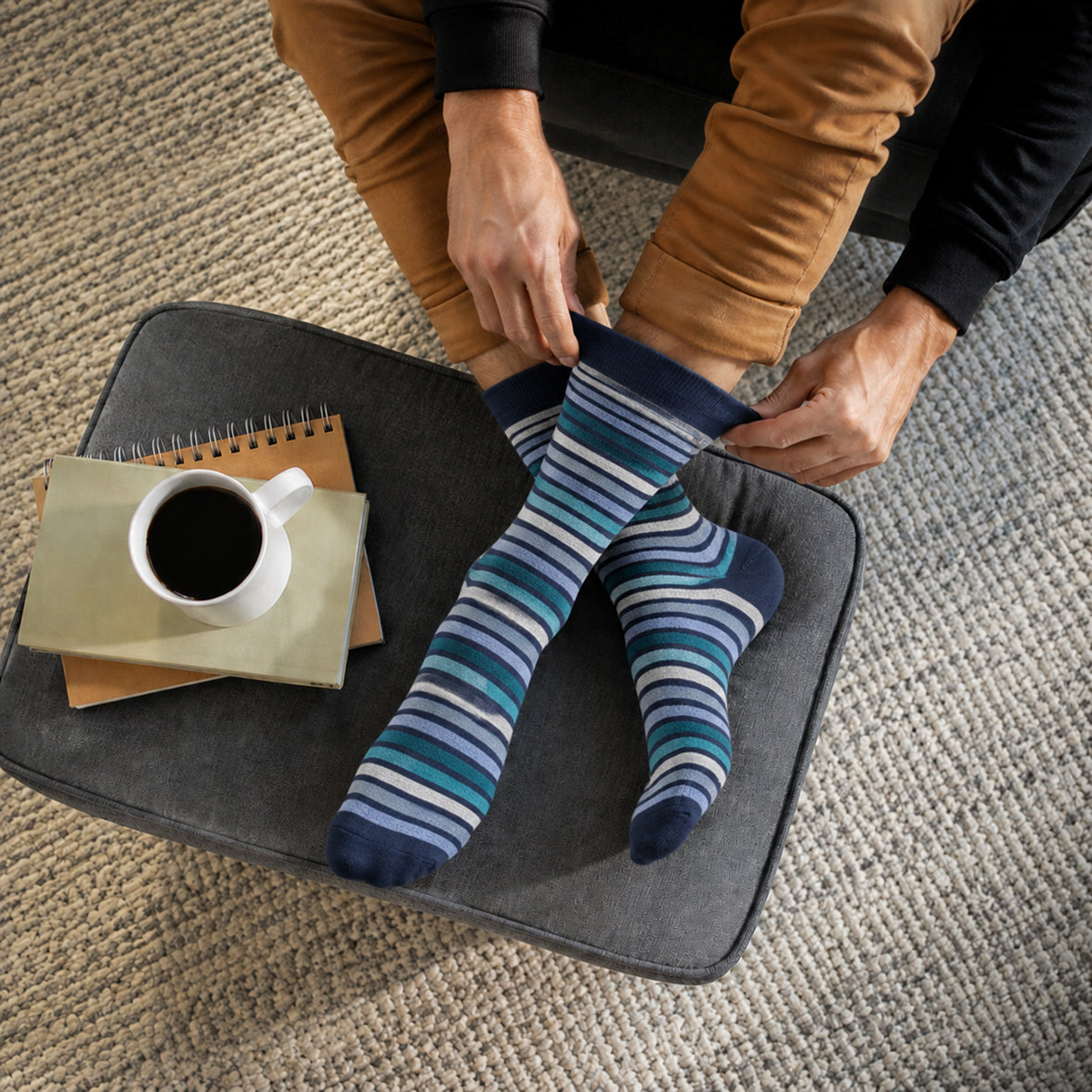 Sock Stack herresokker for diabetikere, stripete, ikke-elastisk, myk kant, fukttransporterende bomullsblanding