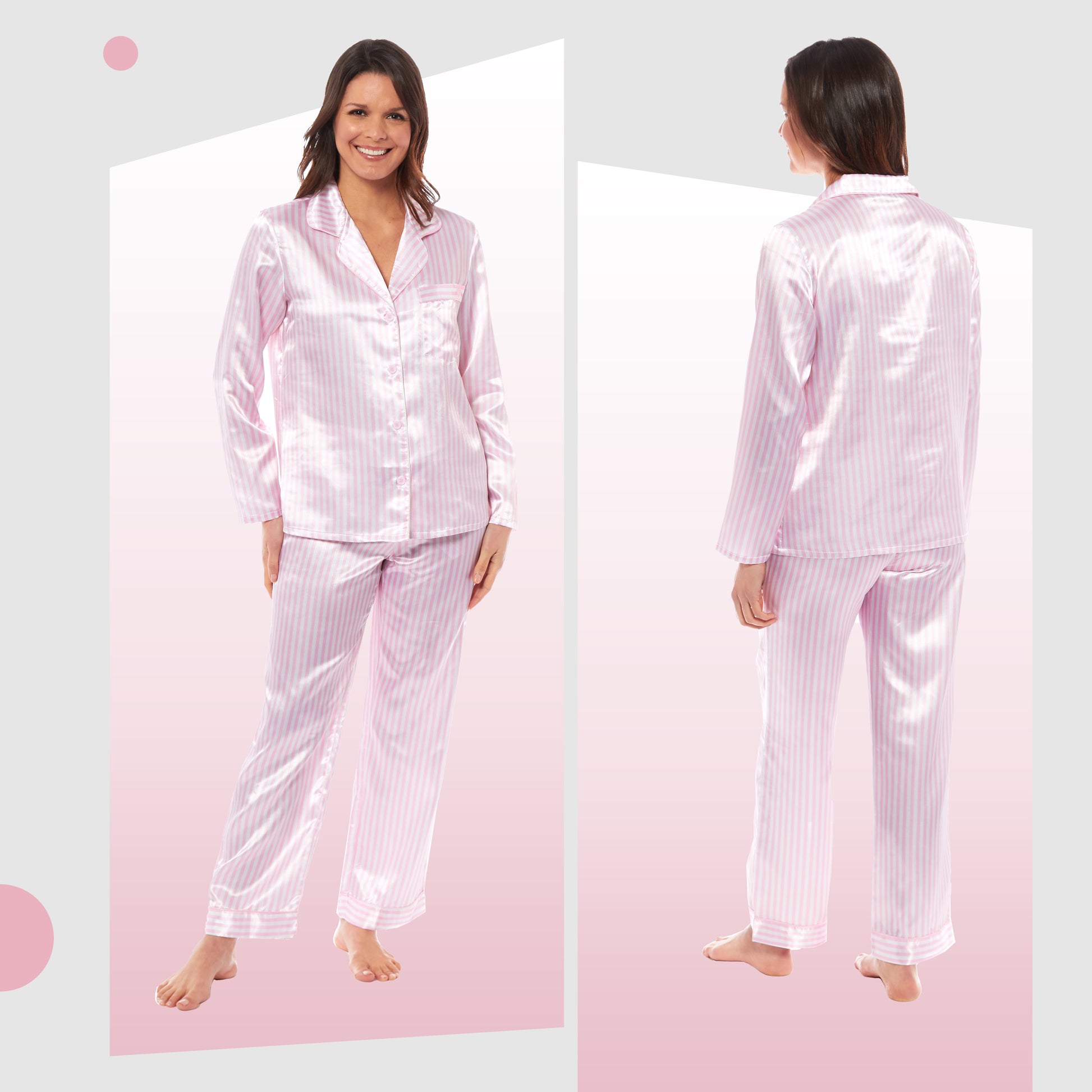 Luxurious Women's Satin Silk Long Sleeve Pyjama Set Cozy Loungewear Nightwear with Dress Shirt Collar and Loose-Fitting Pants in Black Pink Grey by Daisy Dreamer. Buy now for £13.00.