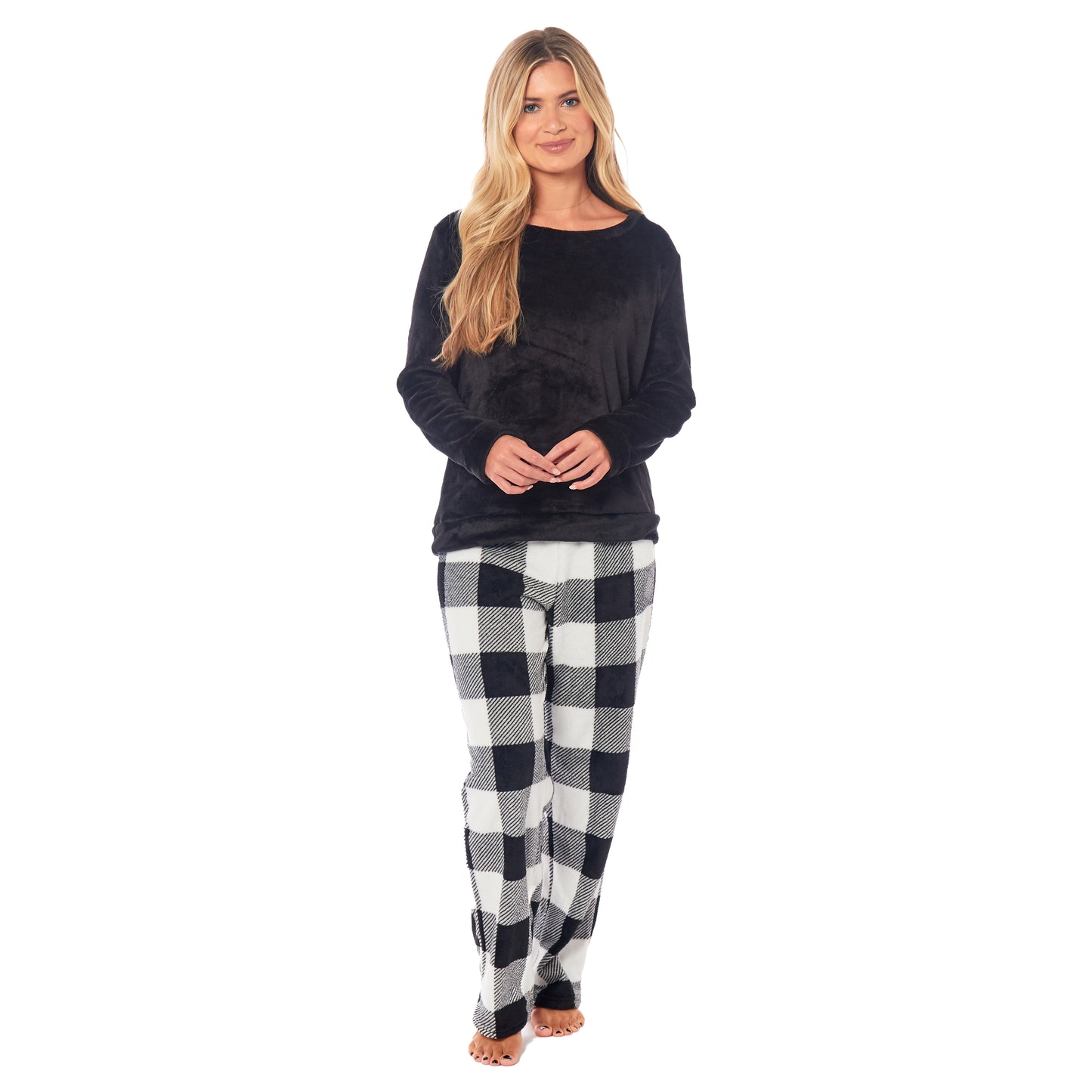 Women's Buffalo Check Fleece Pyjamas Set, Long Sleeve Top & Pajama Bottoms, Cosy Loungewear Nightwear