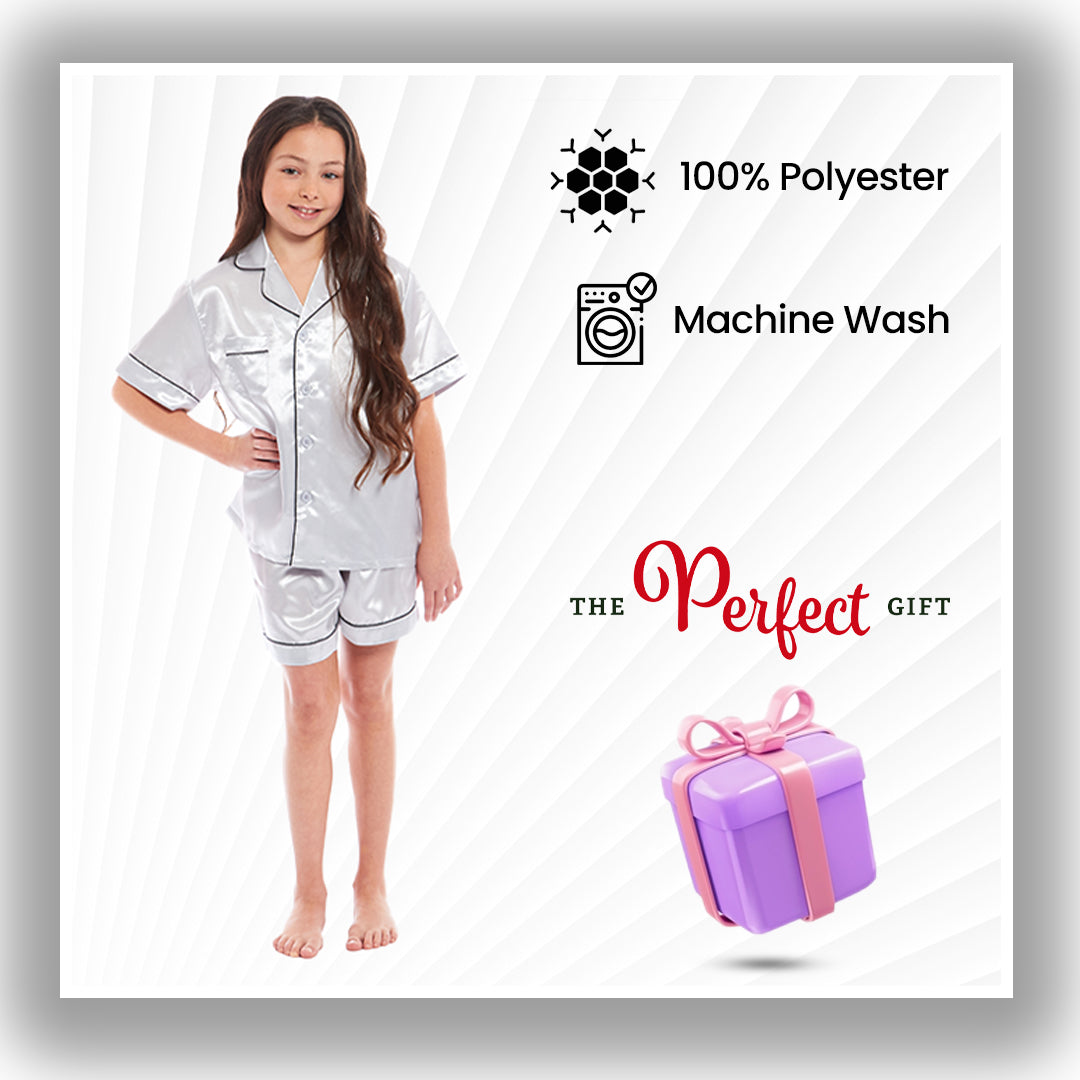 Kids Satin Silk Pyjama Set for Girls with Button-Down Shirt and Loose-Fitting Pants Comfortable Loungewear in Black Pink Grey Ages 5-14 by Daisy Dreamer. Buy now for £12.00.