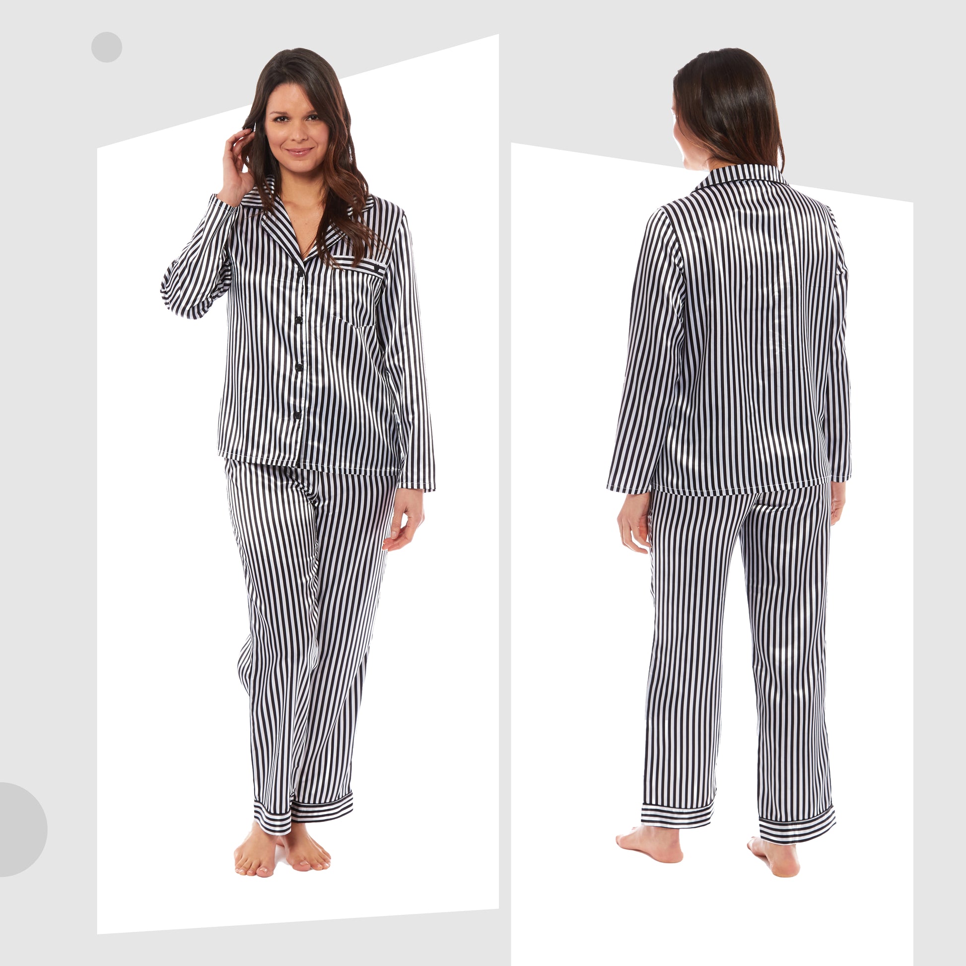 Luxurious Women's Satin Silk Long Sleeve Pyjama Set Cozy Loungewear Nightwear with Dress Shirt Collar and Loose-Fitting Pants in Black Pink Grey by Daisy Dreamer. Buy now for £13.00.