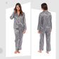 Luxurious Women's Satin Silk Long Sleeve Pyjama Set Cozy Loungewear Nightwear with Dress Shirt Collar and Loose-Fitting Pants in Black Pink Grey by Daisy Dreamer. Buy now for £13.00.