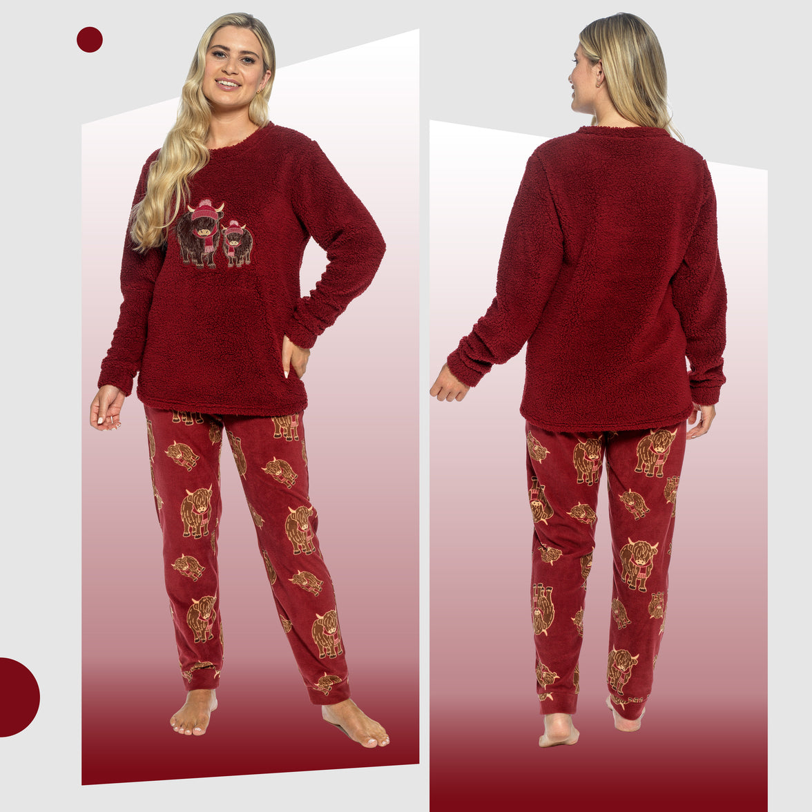 Daisy Dreamer women's Highland cow print cotton jersey pyjama set with long sleeves, available in S-XL, comfortable loungewear.