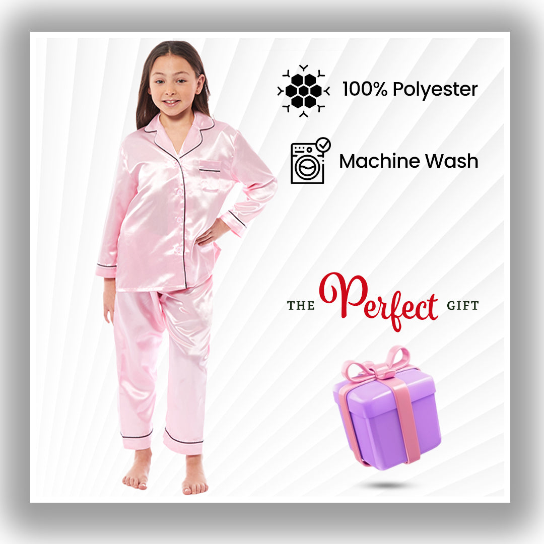 Girls Long Sleeve Satin Silk Pyjama Set Comfortable Button-Down Sleepwear in Black Pink Grey Sizes 5-14 YRS by Daisy Dreamer. Buy now for £14.00.