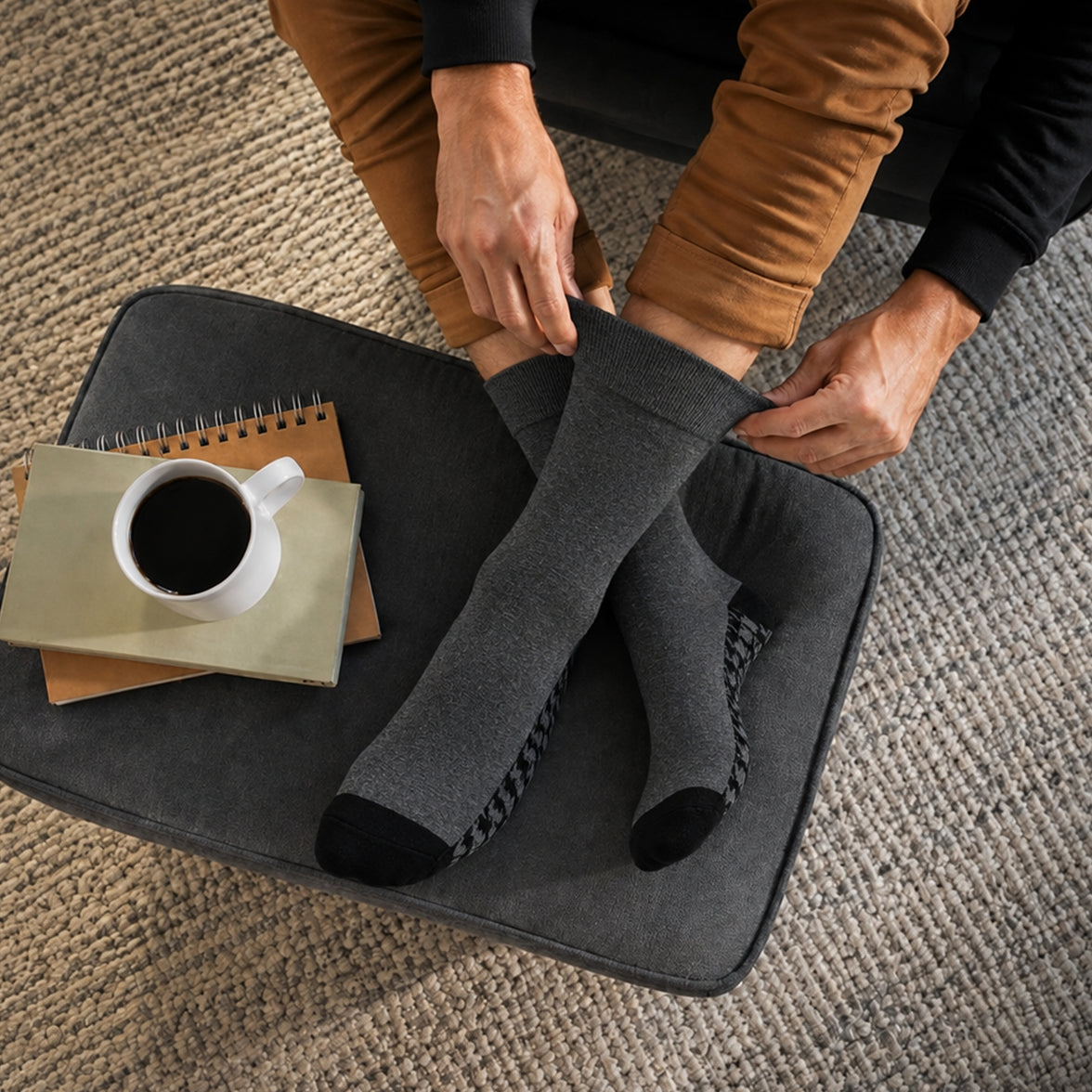 Sock Stack メンズ用糖尿病対応 ノンエラスティック ゆったりグリップソックス 千鳥格子 6足組 サイズ6～11 コットン製 快適な履き口 通気性 毎日使いに最適