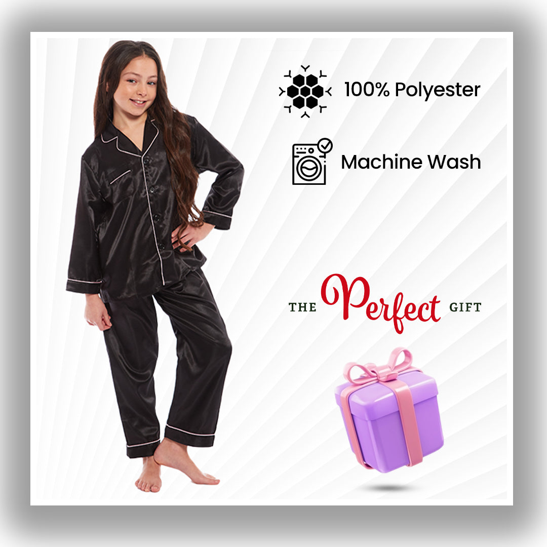 Girls Long Sleeve Satin Silk Pyjama Set Comfortable Button-Down Sleepwear in Black Pink Grey Sizes 5-14 YRS by Daisy Dreamer. Buy now for £14.00.