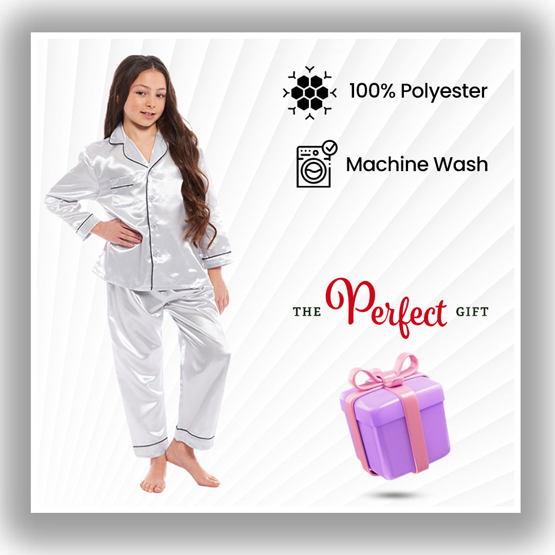 Girls Long Sleeve Satin Silk Pyjama Set Comfortable Button-Down Sleepwear in Black Pink Grey Sizes 5-14 YRS by Daisy Dreamer. Buy now for £14.00.