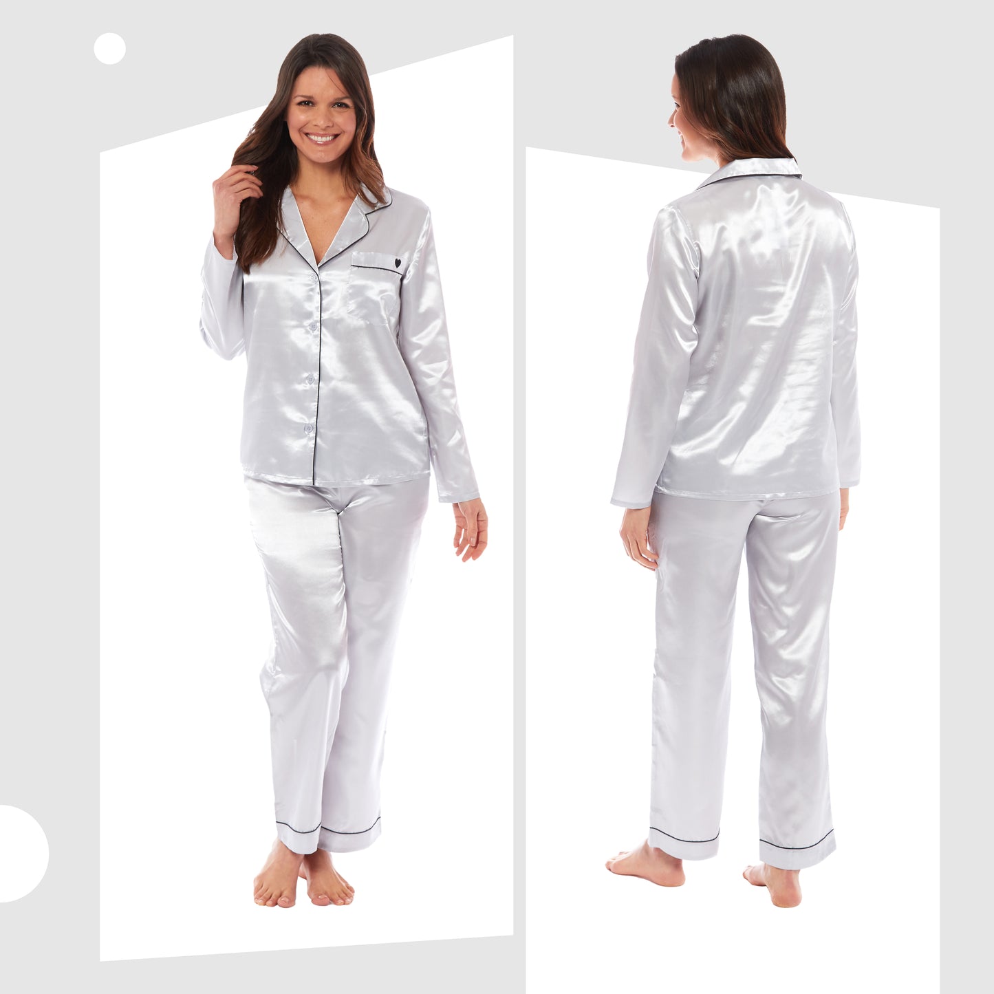 Luxurious Women's Satin Silk Long Sleeve Pyjama Set Cozy Loungewear Nightwear with Dress Shirt Collar and Loose-Fitting Pants in Black Pink Grey by Daisy Dreamer. Buy now for £13.00.