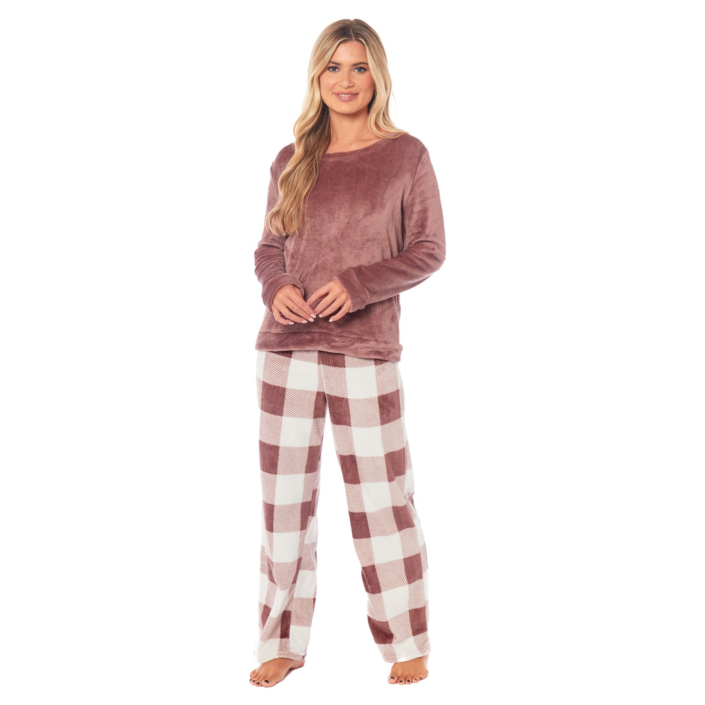 Women's Buffalo Check Fleece Pyjamas Set, Long Sleeve Top & Pajama Bottoms, Cosy Loungewear Nightwear