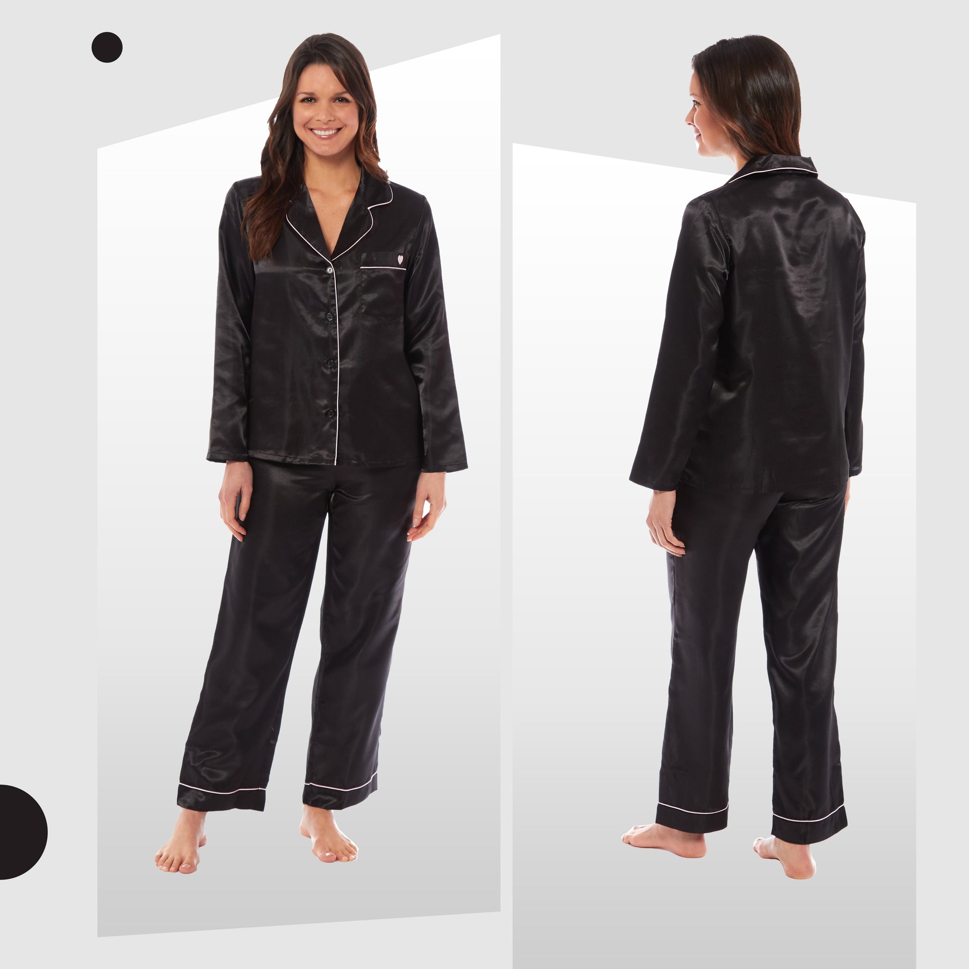 Luxurious Women's Satin Silk Long Sleeve Pyjama Set Cozy Loungewear Nightwear with Dress Shirt Collar and Loose-Fitting Pants in Black Pink Grey by Daisy Dreamer. Buy now for £13.00.