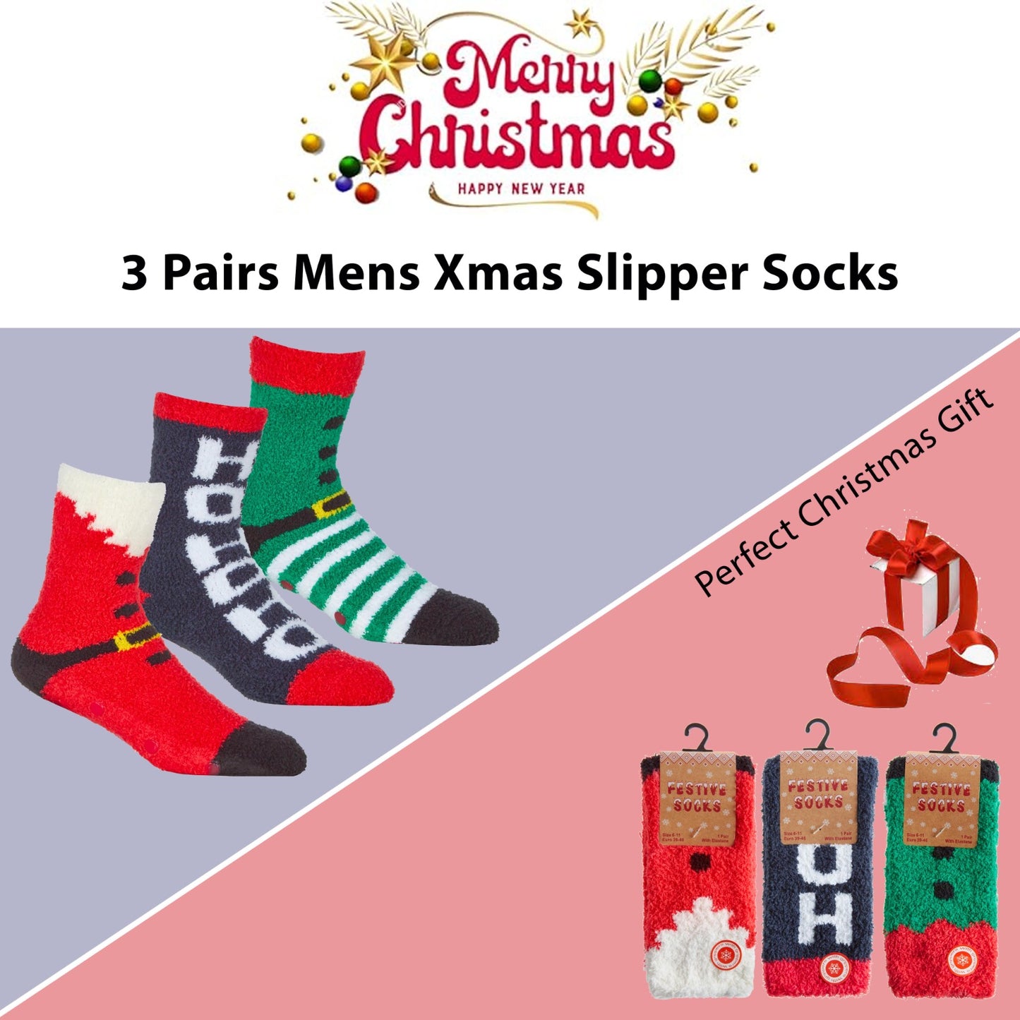 3 Pack Mens Cozy Christmas Slipper Socks Festive Santa and Elf Designs Warm and Comfortable Holiday Gift UK Sizes 6-11 by Sock Stack. Buy now for £8.00.