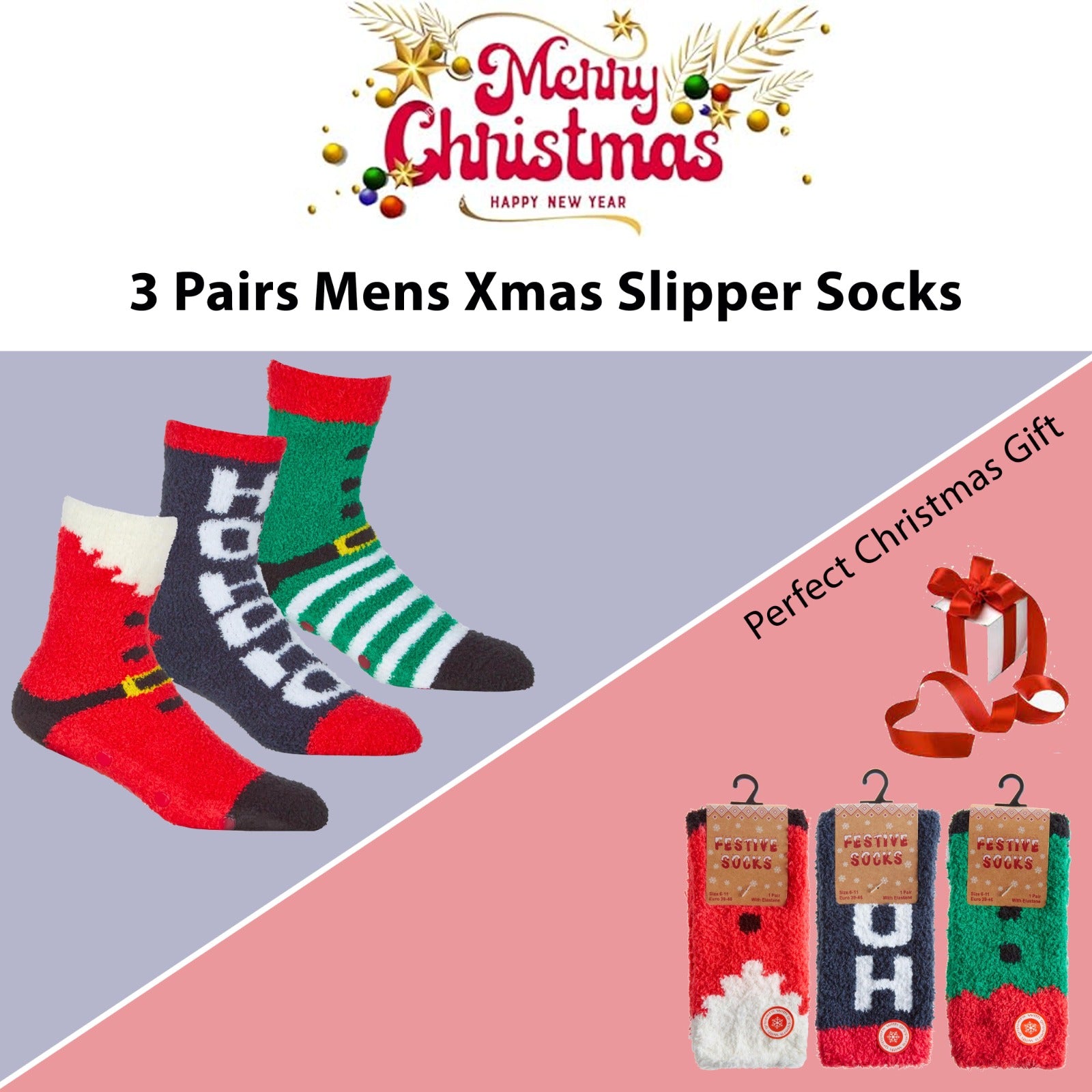 3 Pack Mens Cozy Christmas Slipper Socks Festive Santa and Elf Designs Warm and Comfortable Holiday Gift UK Sizes 6-11 by Sock Stack. Buy now for £8.00.