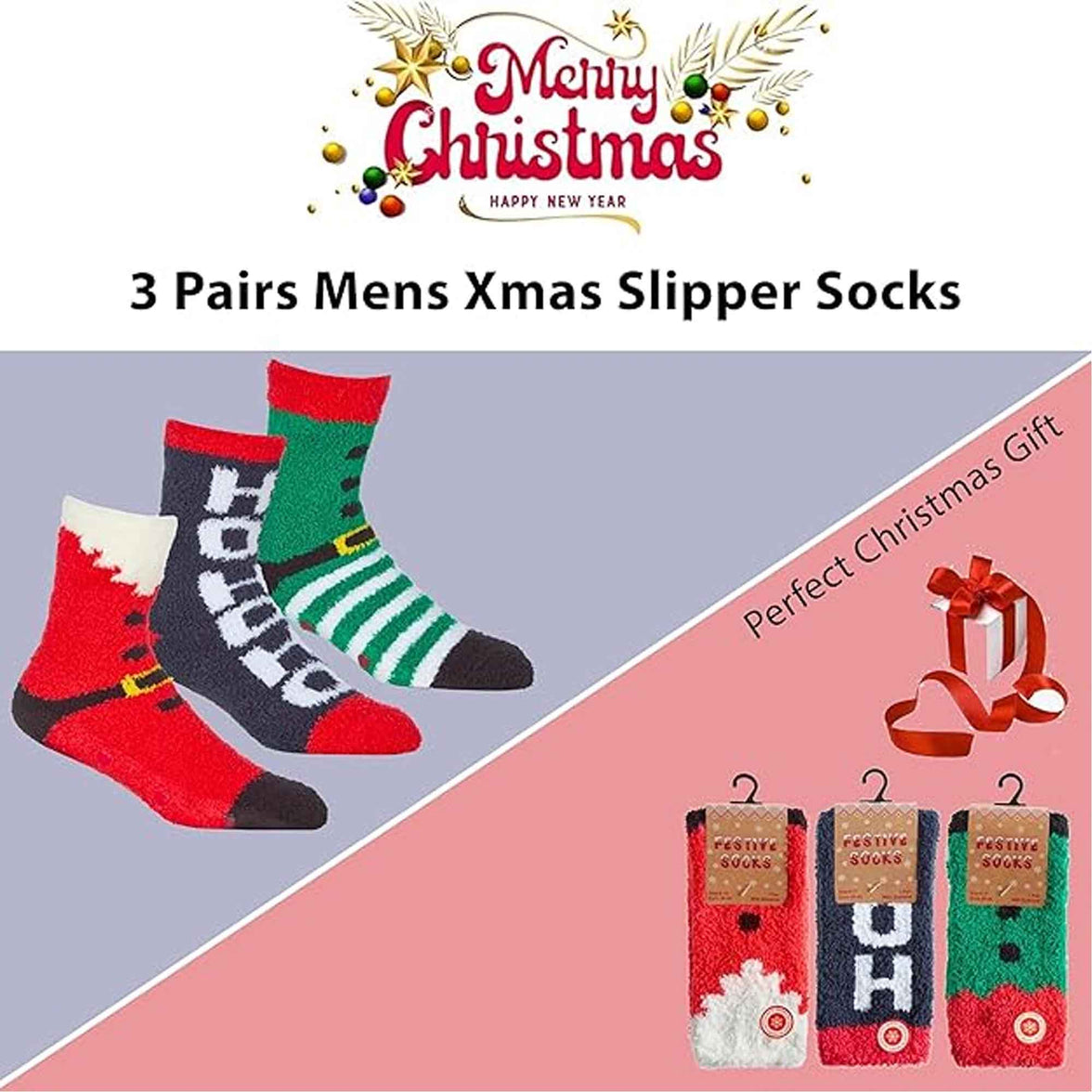 3 Pack Mens Cozy Christmas Slipper Socks Festive Santa and Elf Designs Warm and Comfortable Holiday Gift UK Sizes 6-11 by Sock Stack ASSORTED / 6-11 Socks