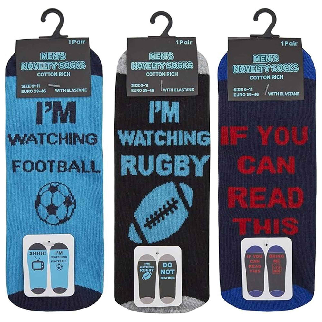 3 Pack Mens Novelty Slogan Socks Reinforced Heel Toe Cushioned Footbed Football Rugby Durable Cotton Assorted Styles Sock Stack ASSORTED / 6-11 Socks
