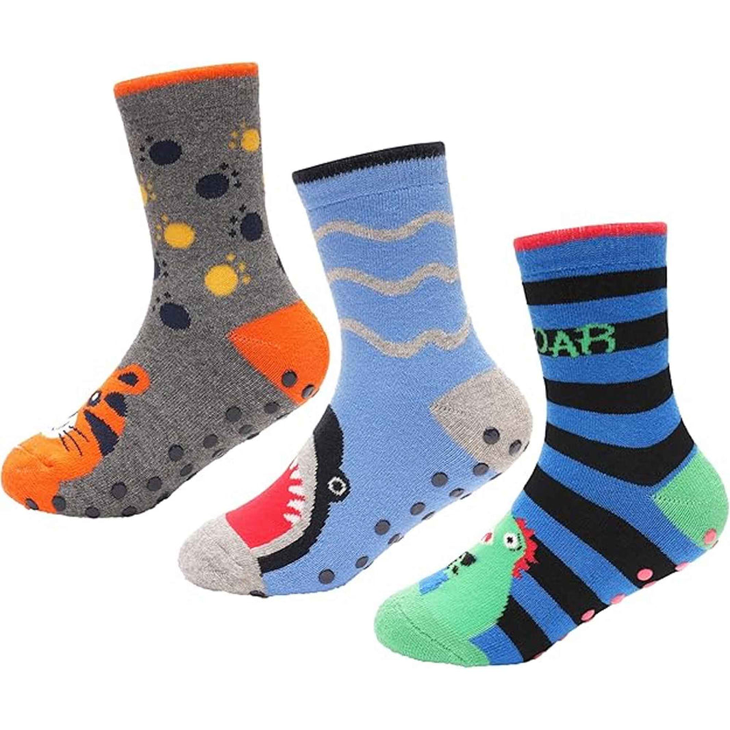 3 Pairs Boys Non-Slip Thermal Slipper Socks Dino Shark Tiger Designs Cozy Indoor Kids Socks Warm Anti-Skid Socks for Winter in Sizes 6-8 9-12 12-3 from Sock Stack KIDS | 6-8 Socks