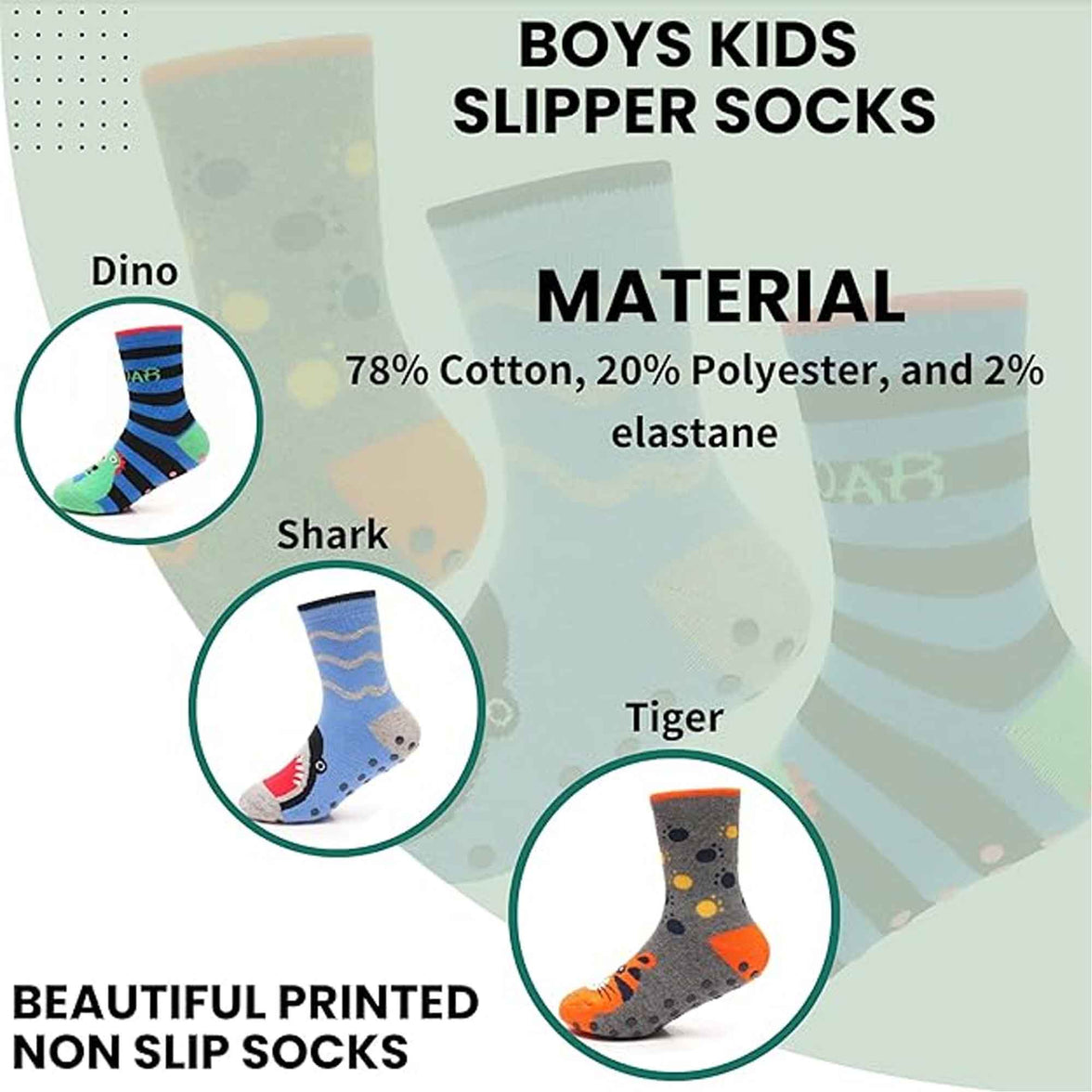 3 Pairs Boys Non-Slip Thermal Slipper Socks Dino Shark Tiger Designs Cozy Indoor Kids Socks Warm Anti-Skid Socks for Winter in Sizes 6-8 9-12 12-3 from Sock Stack Socks