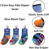3 Pairs Boys Non-Slip Thermal Slipper Socks Dino Shark Tiger Designs Cozy Indoor Kids Socks Warm Anti-Skid Socks for Winter in Sizes 6-8 9-12 12-3 from Sock Stack Socks