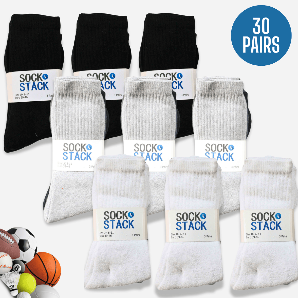 30 Pairs Mens Cotton Rich Performance Sport Socks Outdoor Athletics Running Hiking Football Black Grey White Sock Cushioned Anti-Blister Moisture-Wicking Breathable Comfortable UK 6-11 by Sock Stack Socks
