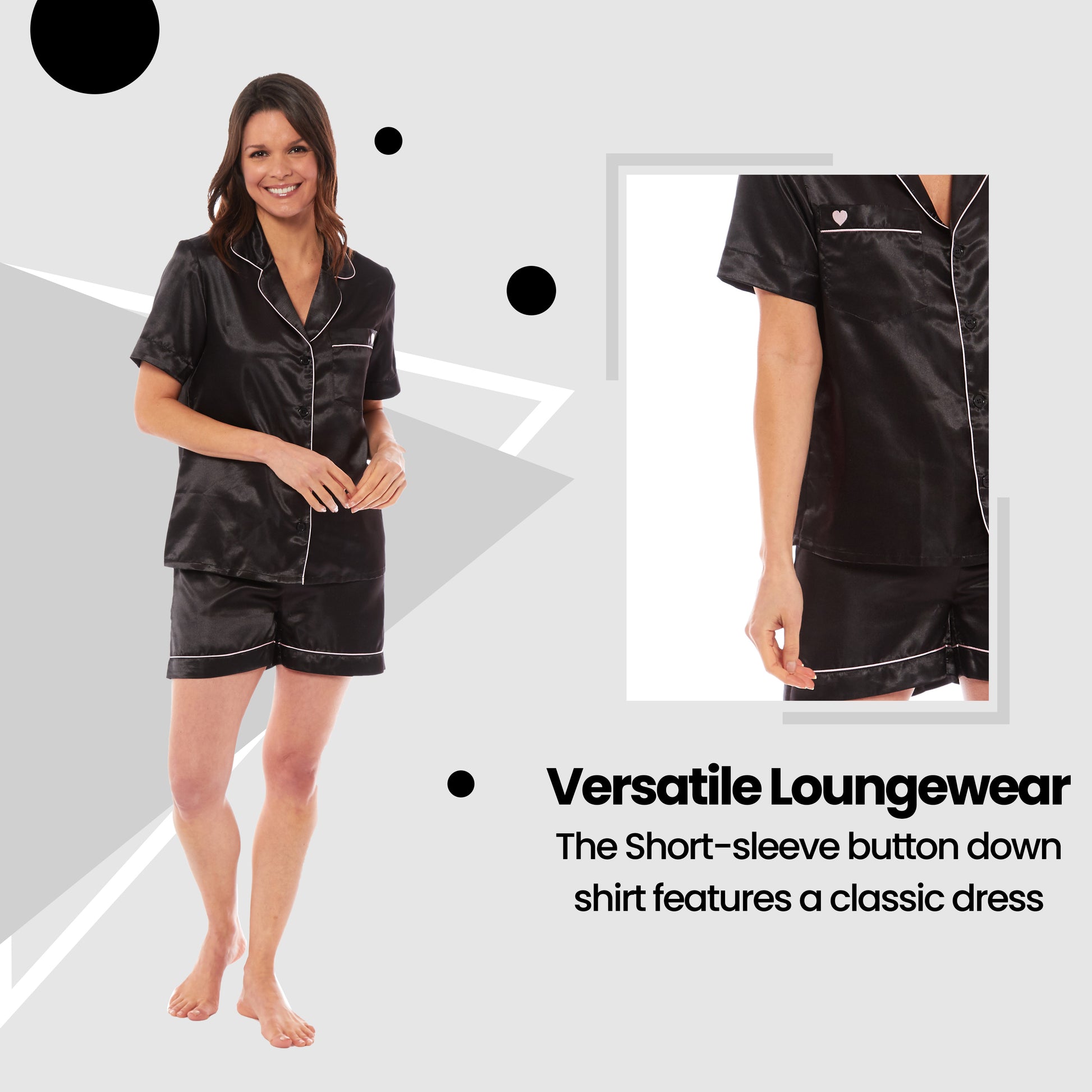 Women's Satin Silk Short Pyjama Set Soft Breathable Nightwear Loungewear PJs Black Pink Grey UK Sizes 8-22 by Daisy Dreamer. Buy now for £10.00.