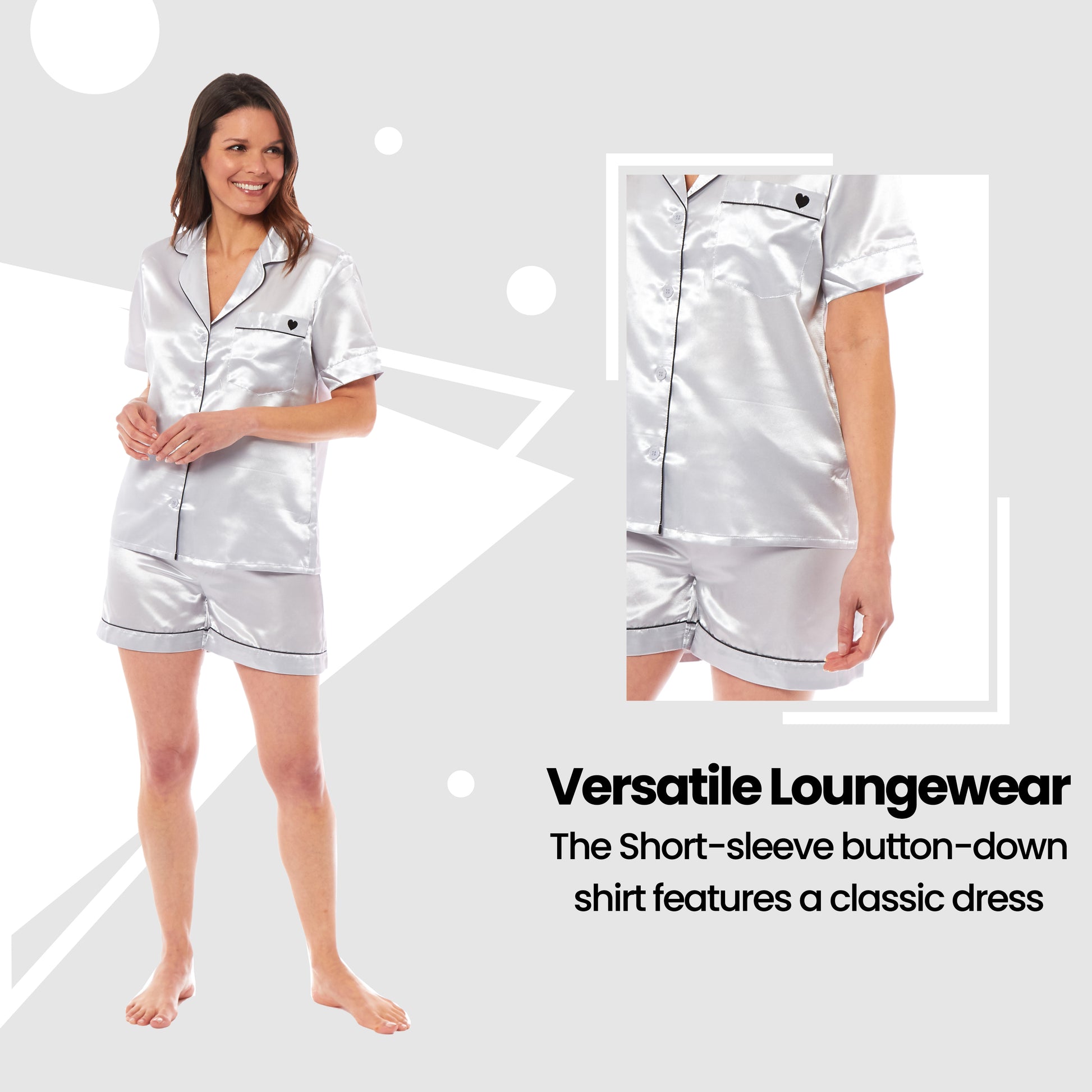 Women's Satin Silk Short Pyjama Set Soft Breathable Nightwear Loungewear PJs Black Pink Grey UK Sizes 8-22 by Daisy Dreamer. Buy now for £10.00.