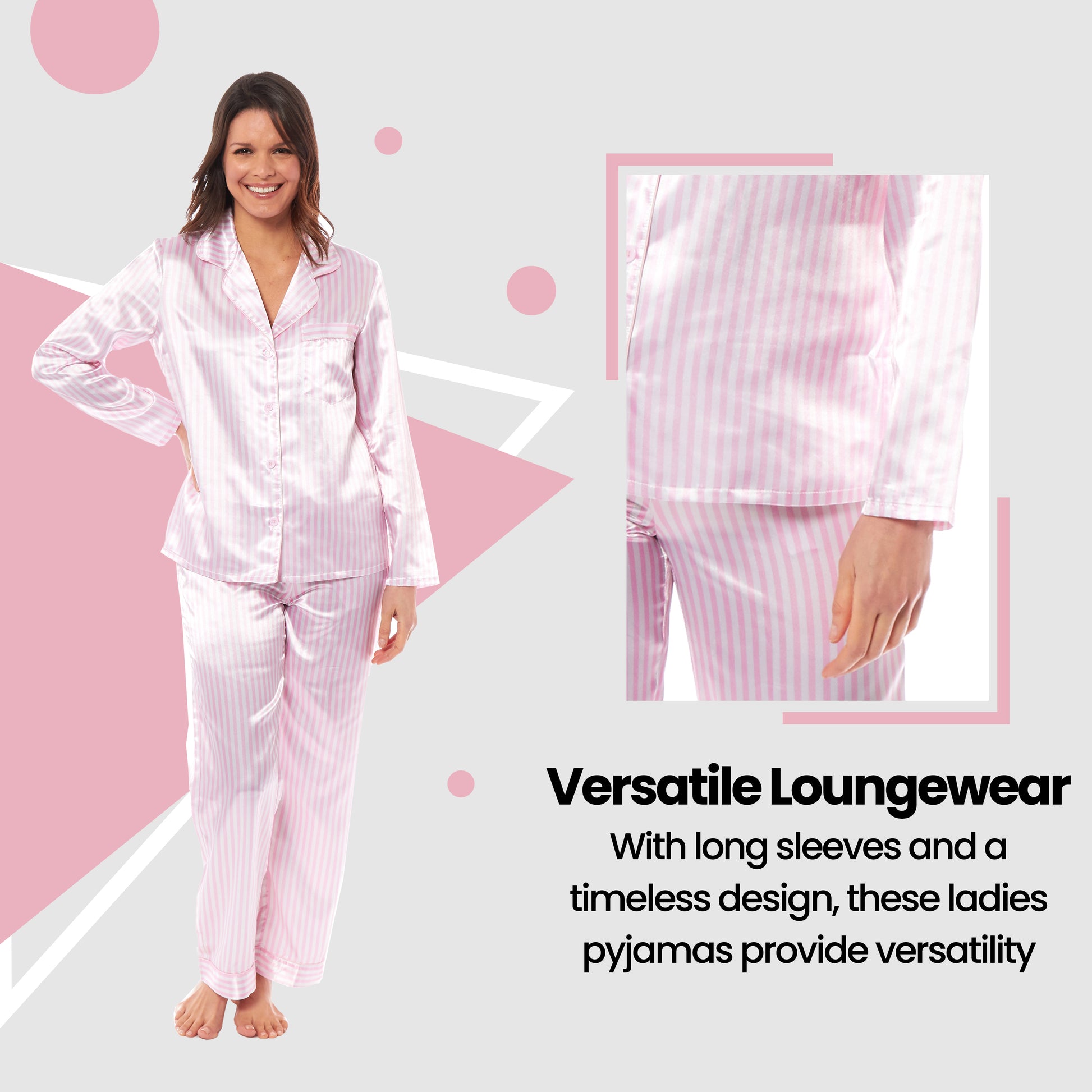 Luxurious Women's Satin Silk Long Sleeve Pyjama Set Cozy Loungewear Nightwear with Dress Shirt Collar and Loose-Fitting Pants in Black Pink Grey by Daisy Dreamer. Buy now for £13.00.
