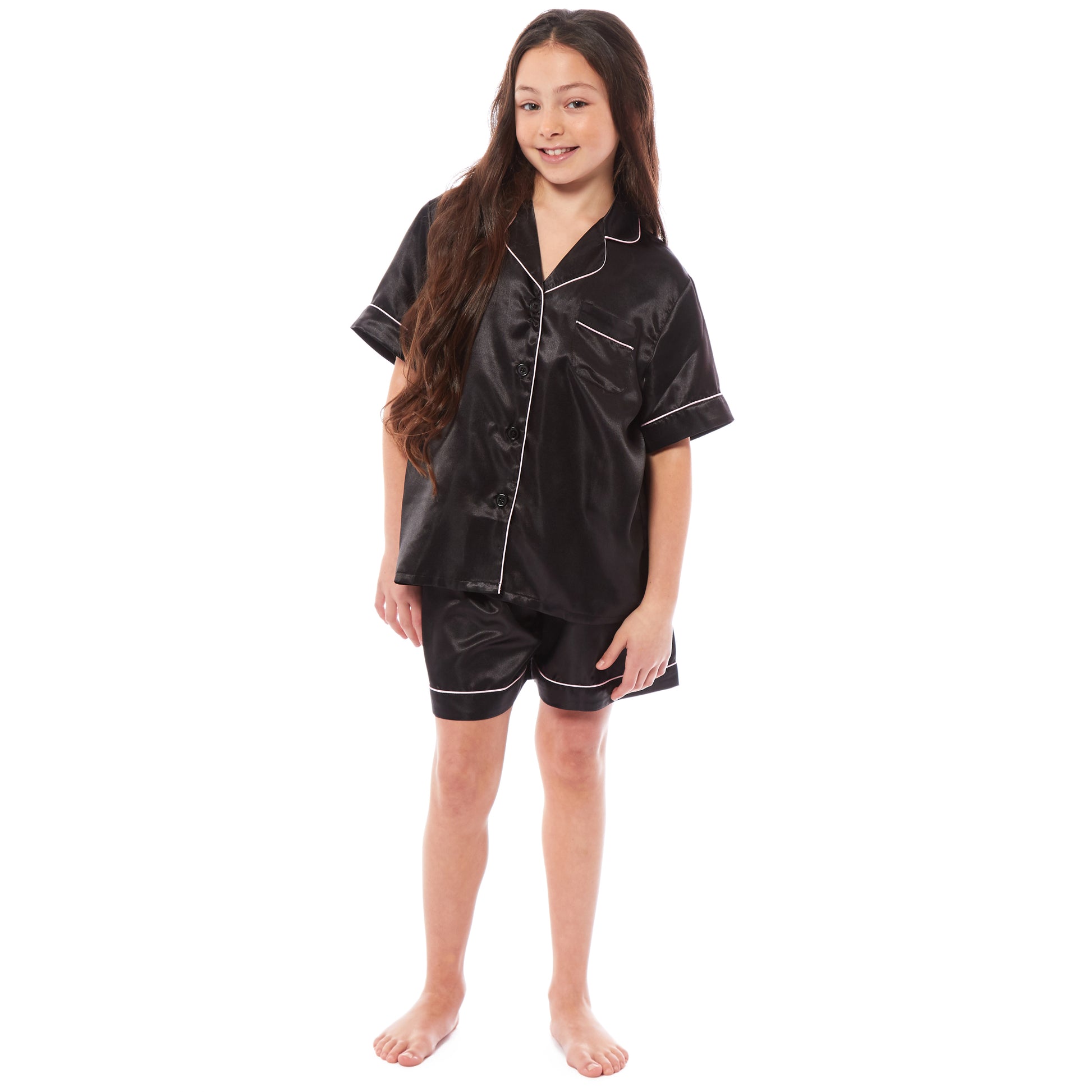 Kids Satin Silk Pyjama Set for Girls with Button-Down Shirt and Loose-Fitting Pants Comfortable Loungewear in Black Pink Grey Ages 5-14 by Daisy Dreamer. Buy now for £12.00.