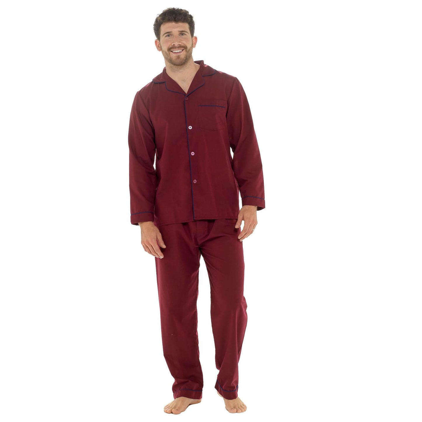 Men's Classic Red Woven Pyjama Set  Long Sleeve Button Top & Bottoms Easy Care Nightwear Sleepwear by Sock Stack