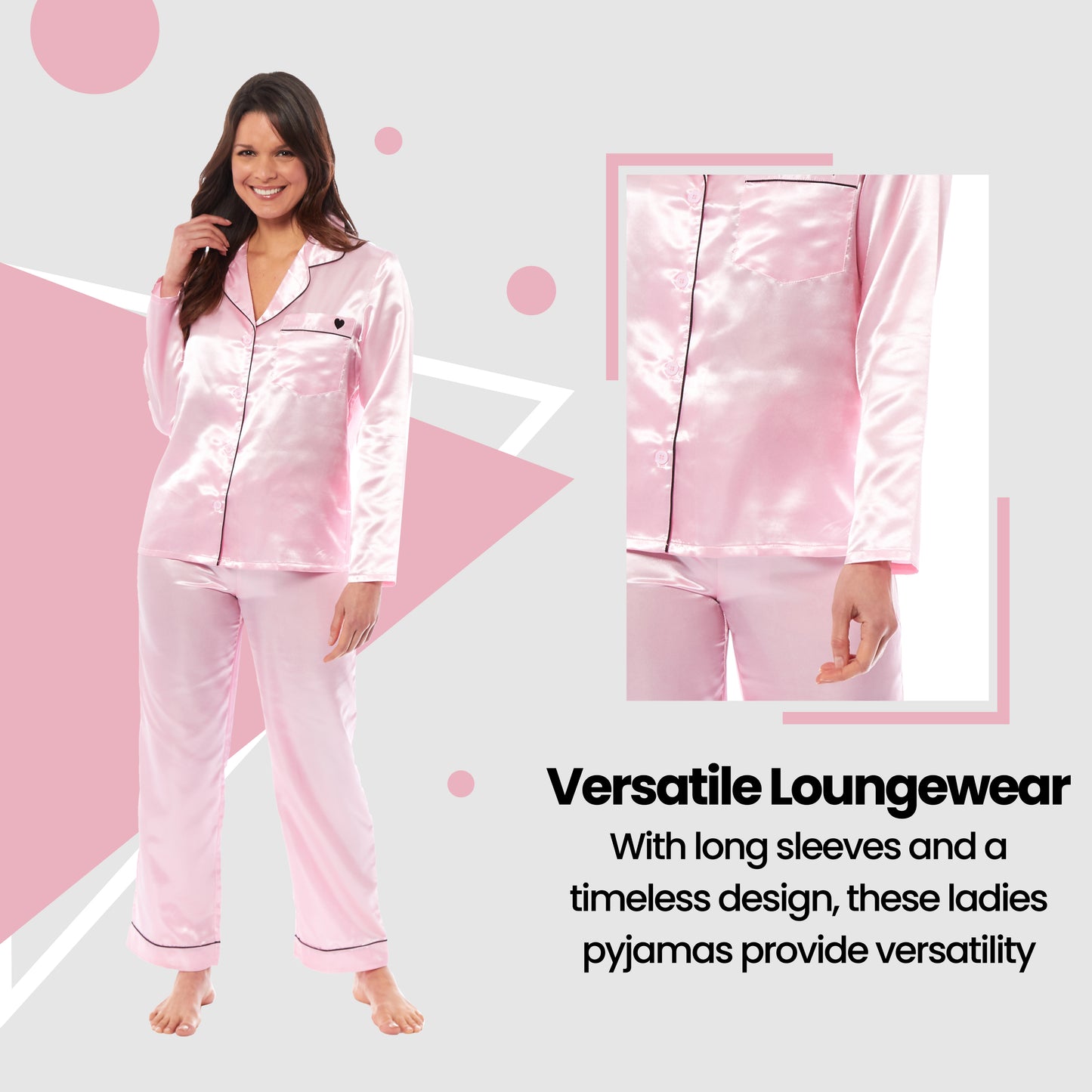 Luxurious Women's Satin Silk Long Sleeve Pyjama Set Cozy Loungewear Nightwear with Dress Shirt Collar and Loose-Fitting Pants in Black Pink Grey by Daisy Dreamer. Buy now for £13.00.